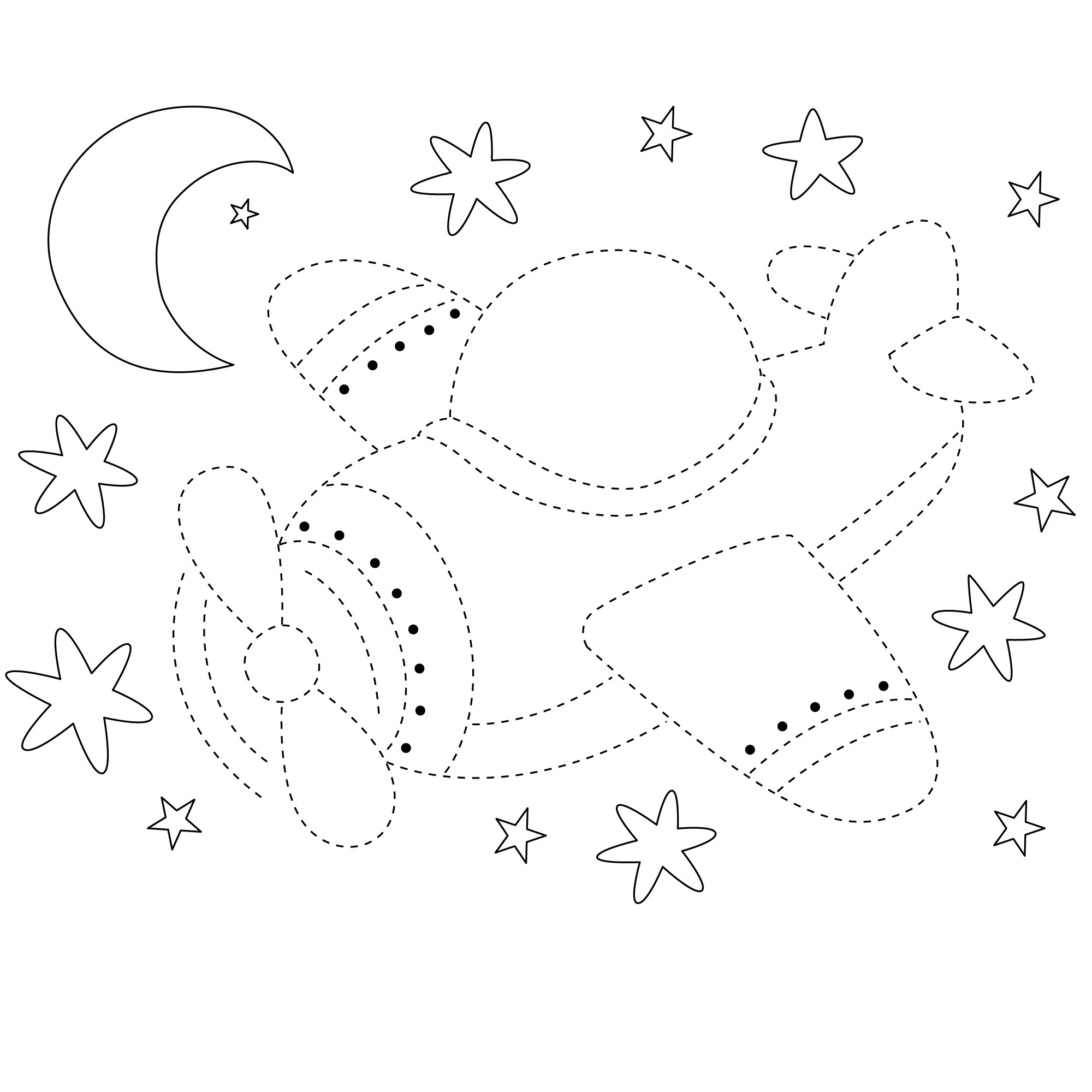 Раскраска для детей: самолет в небе на фоне луны и звезд по точкам
