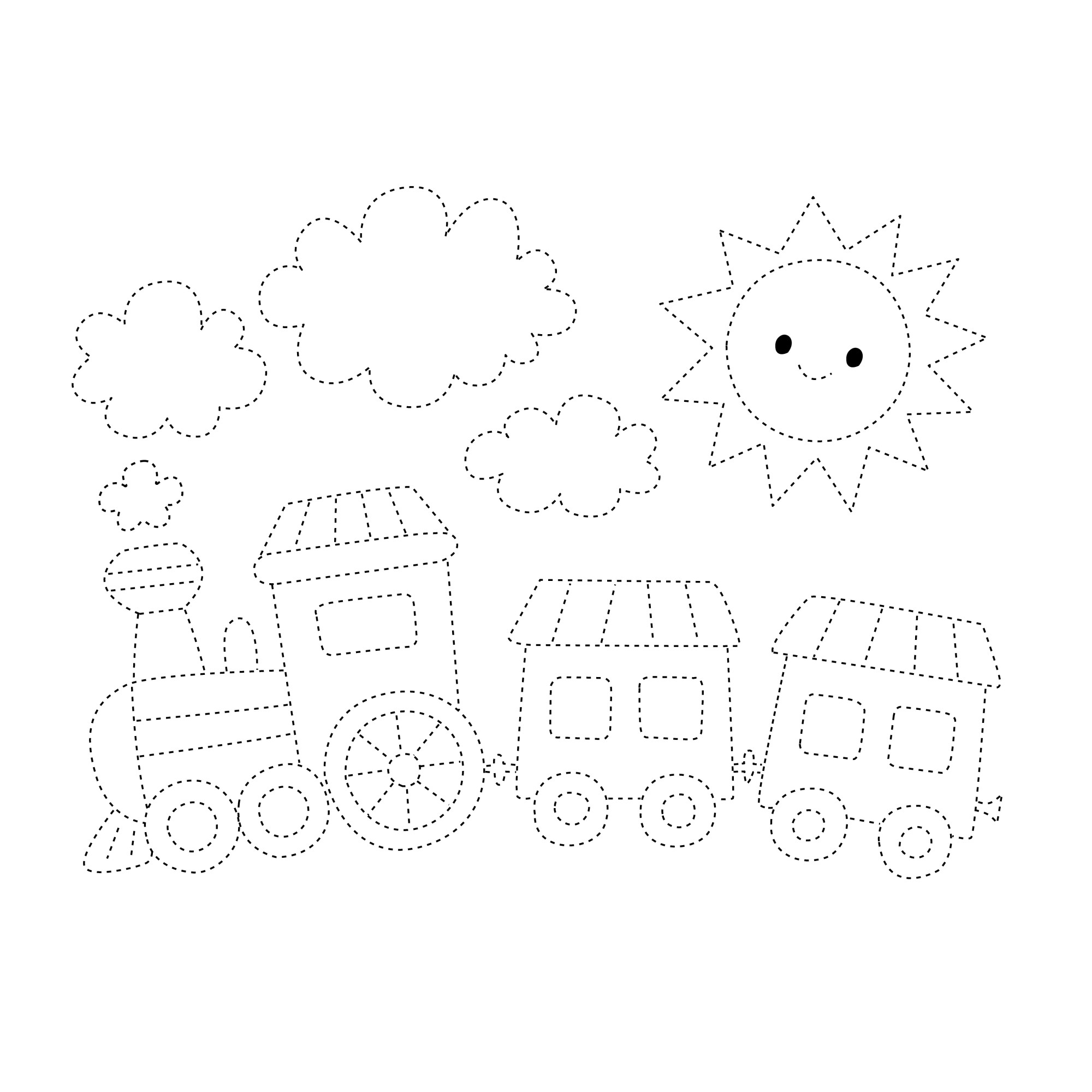 Раскраска для детей: паровоз и два вагона по точкам