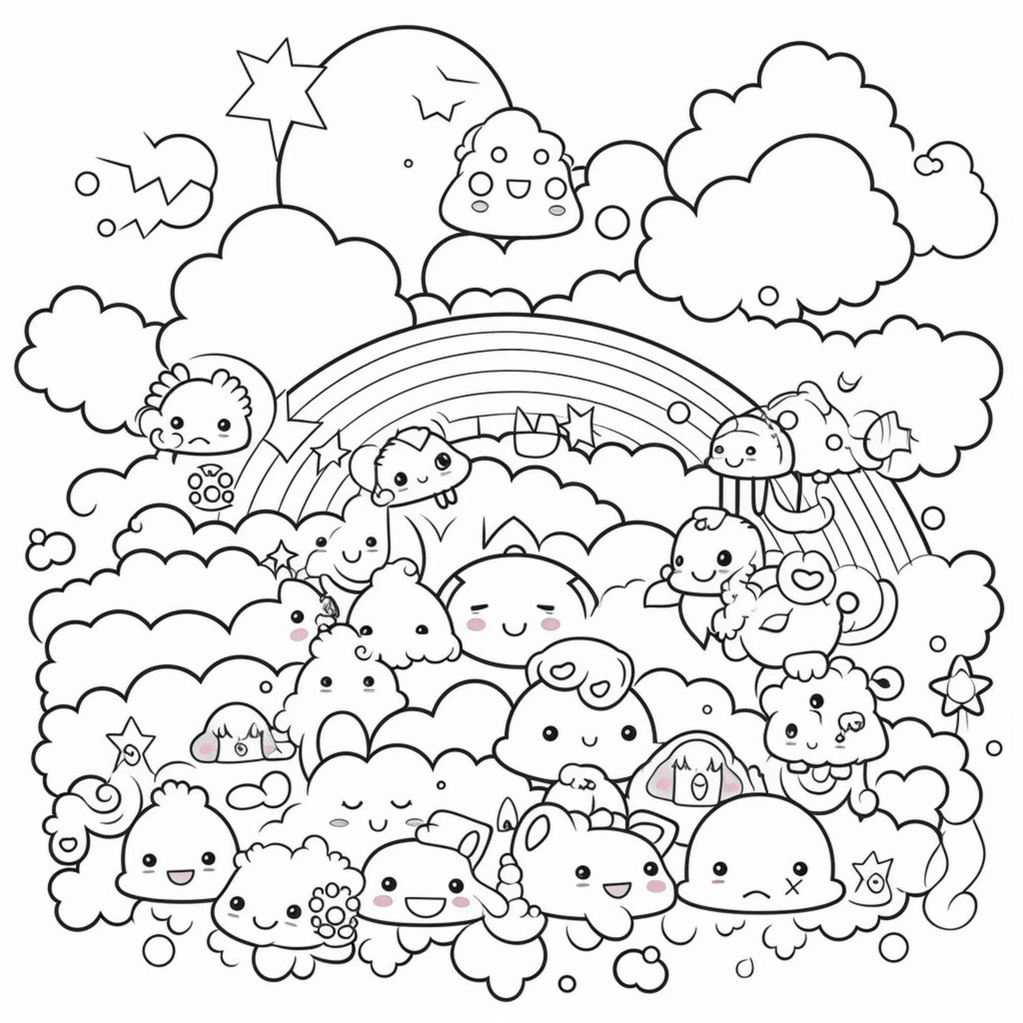 Раскраска для детей: радуга и сказочные персонажи в облаках