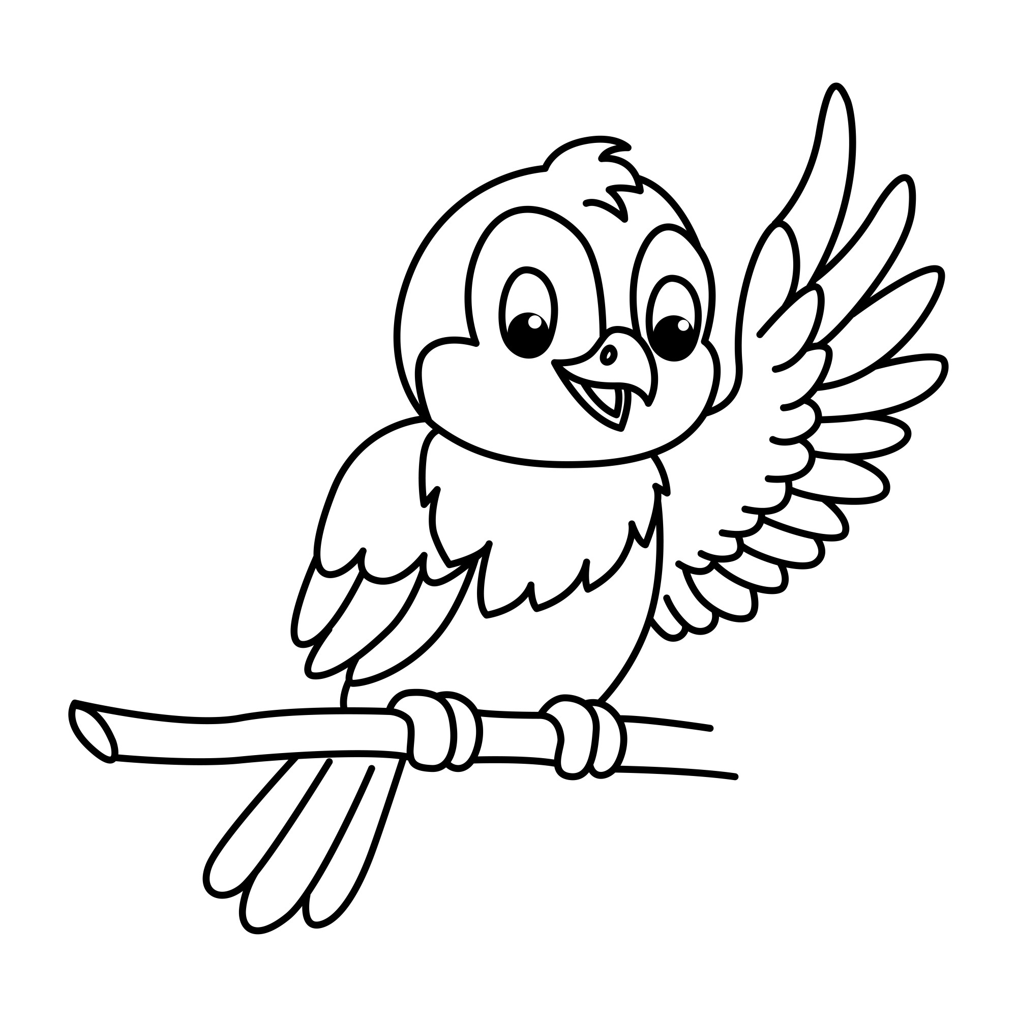 Раскраска для детей: забавная птичка на ветке с поднятым крылом