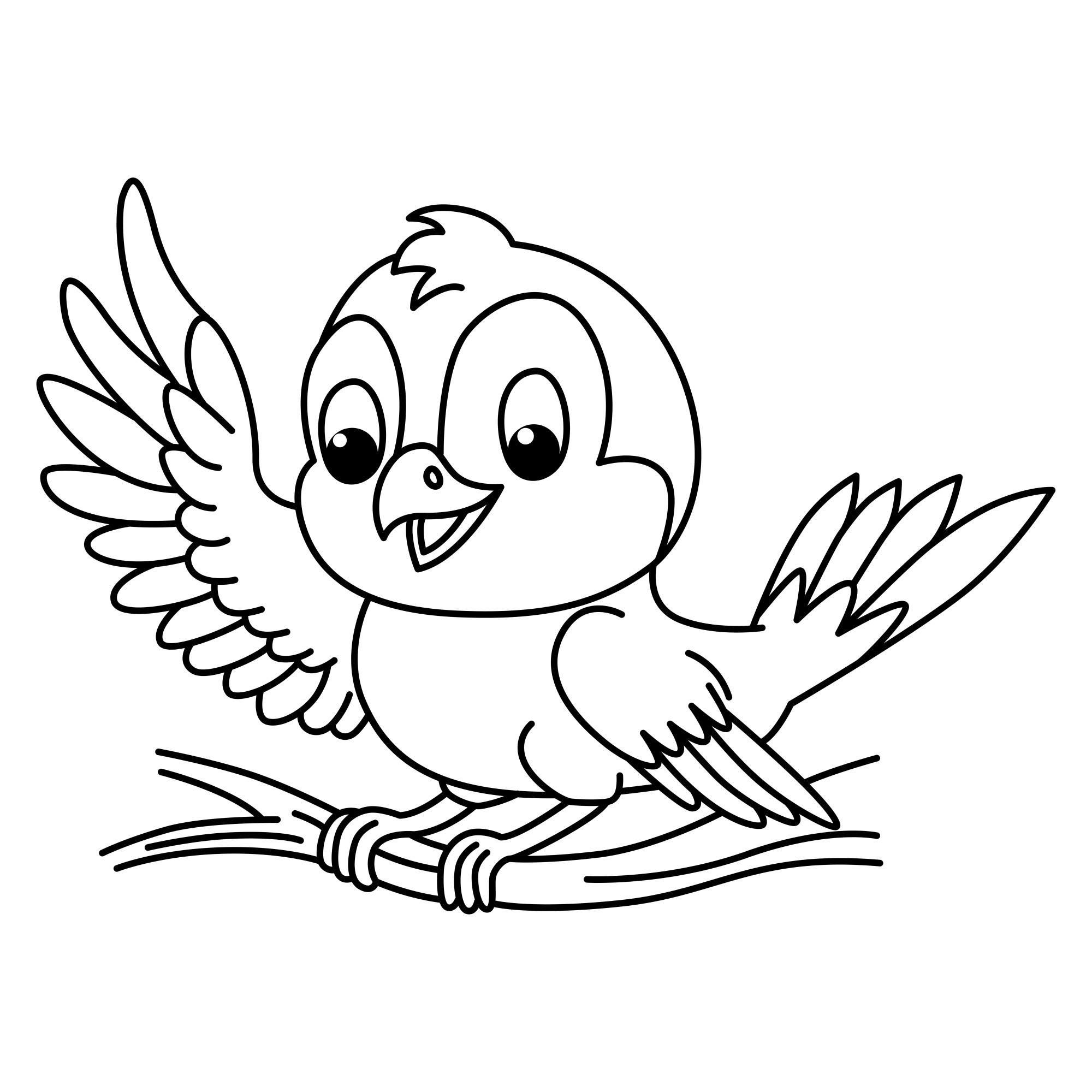 Раскраска для детей: птичка на веточке машет крылом и улыбается
