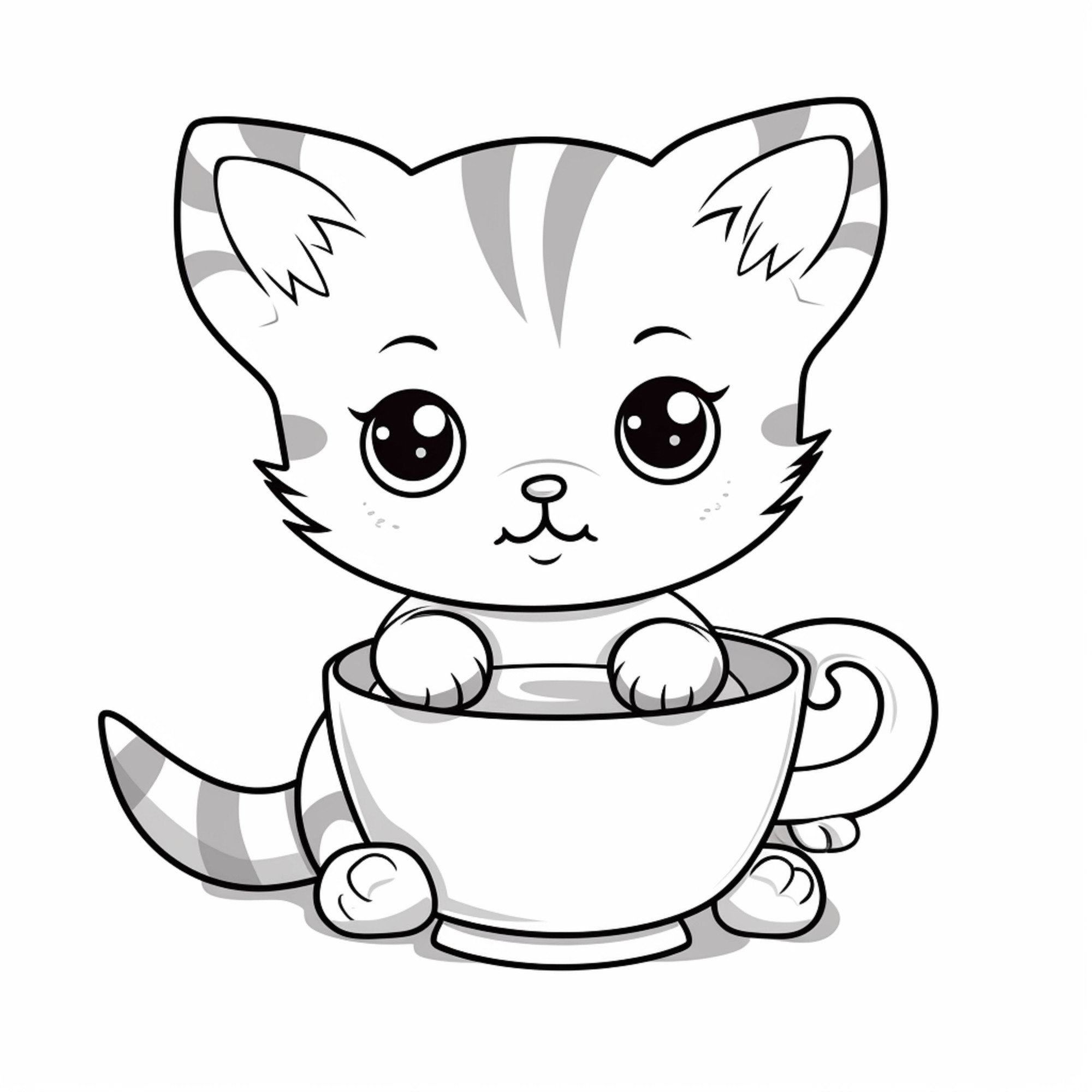 Раскраска для детей: котенок с чашкой