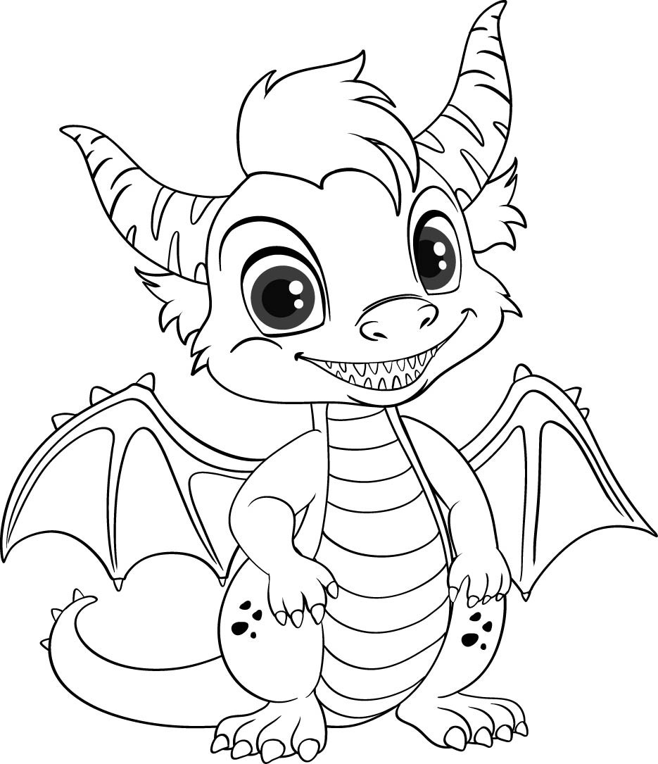 Раскраска для детей: маленький Дракоша с крыльями и рогами на голове