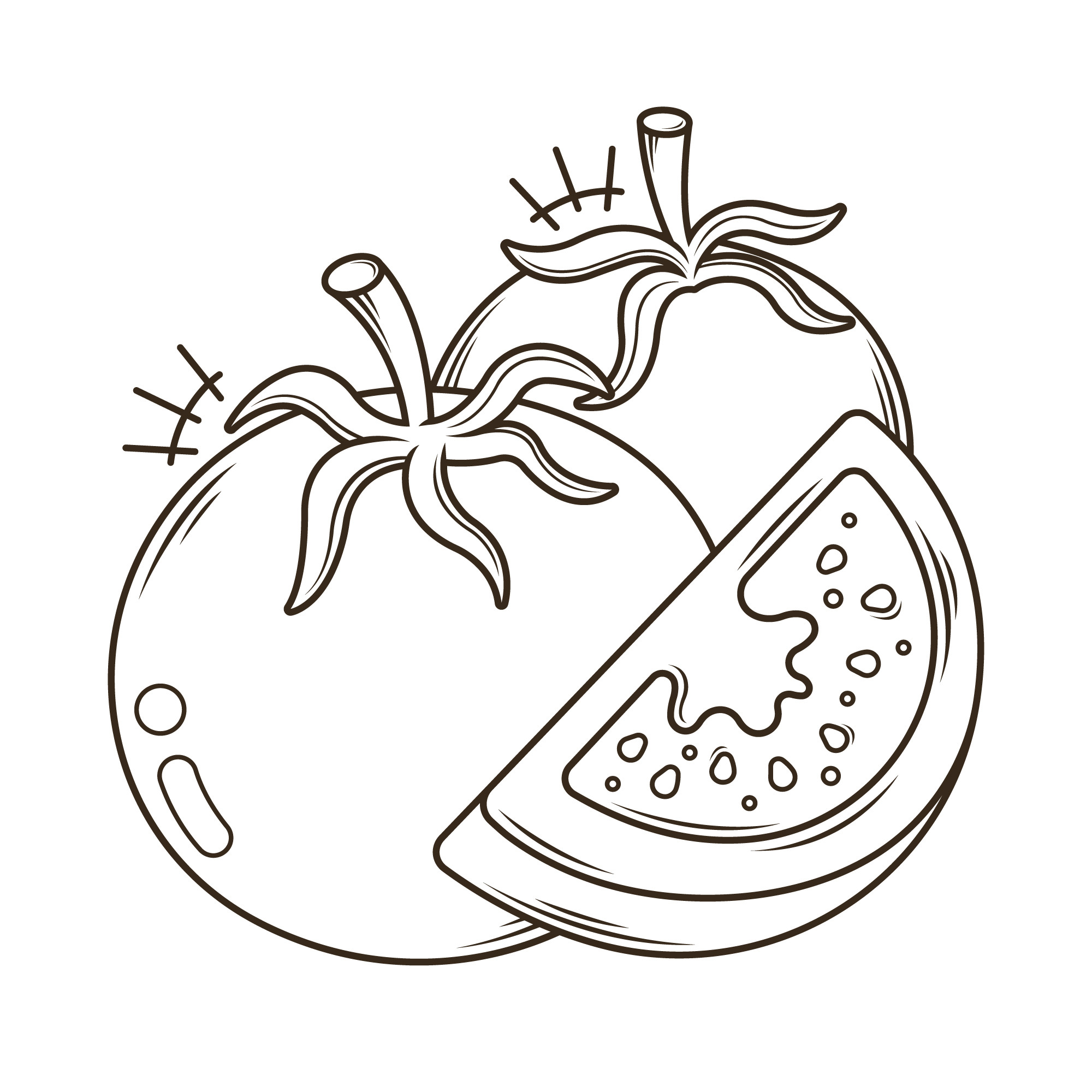 Раскраска для детей: два спелых помидора и ломтик