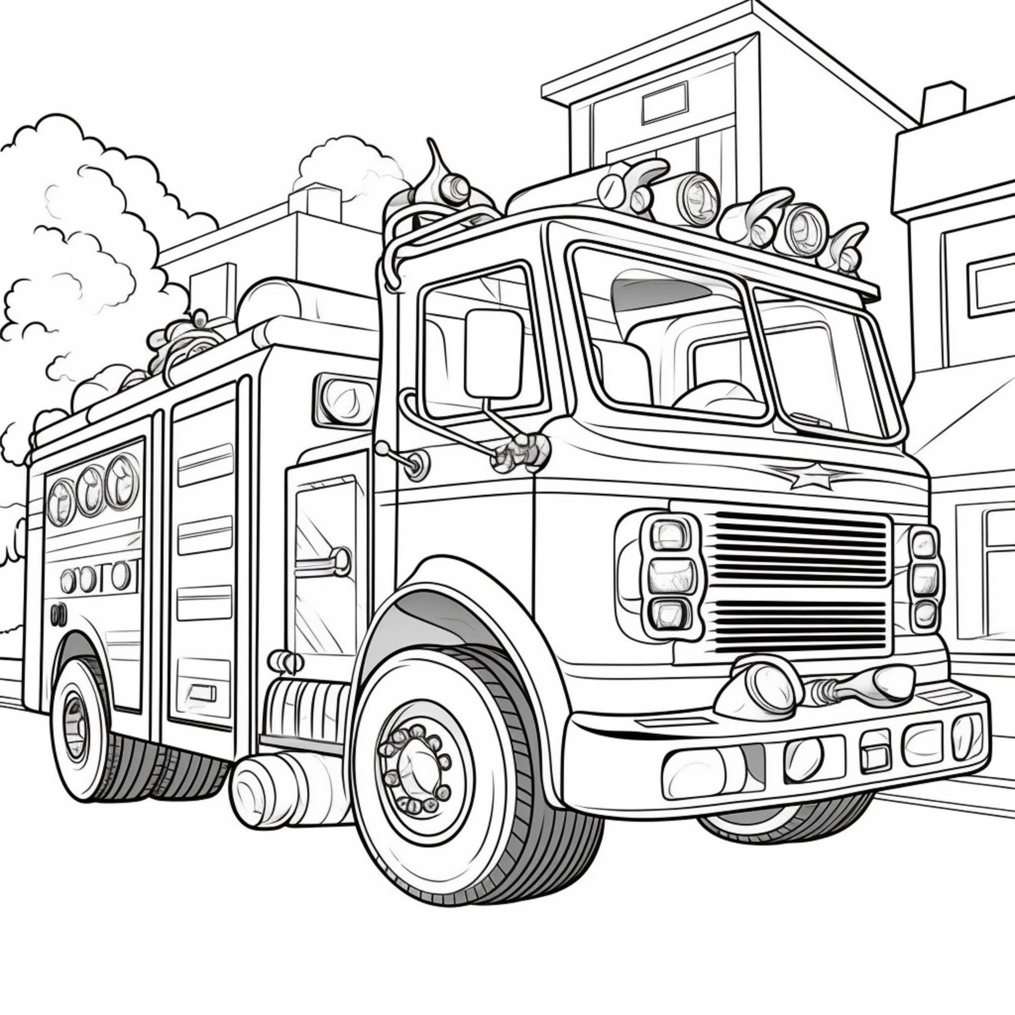 Раскраска для детей: пожарный автомобили с насосом высокого давления