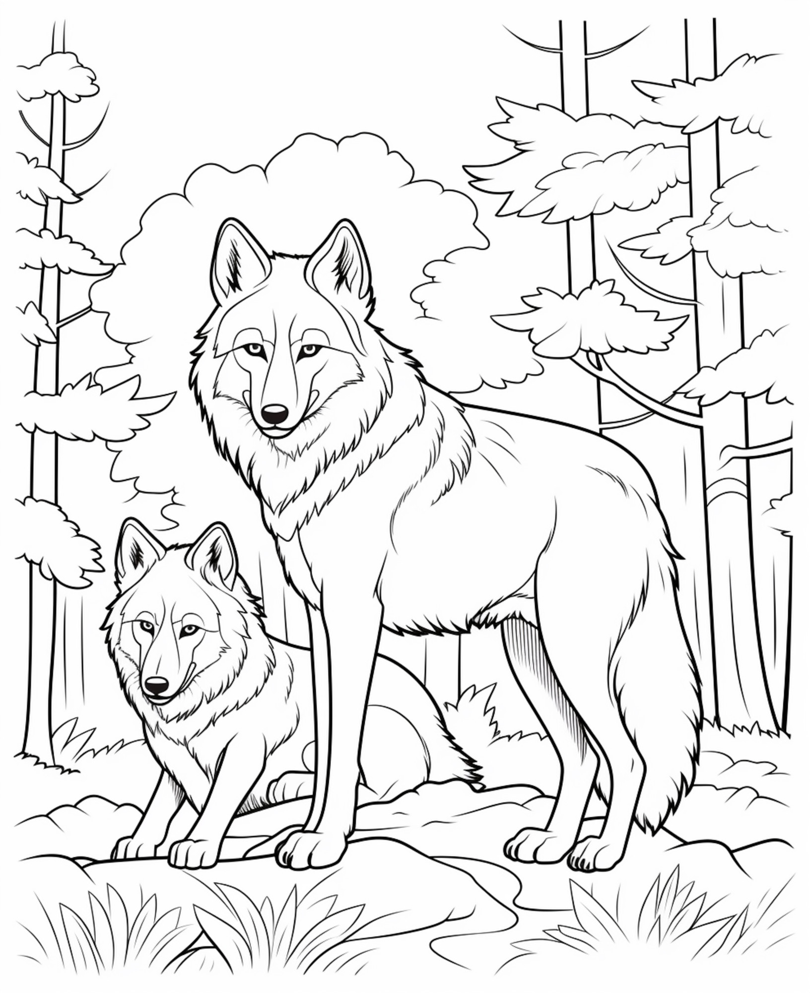 Раскраска для детей: два реалистичных волка в лесу