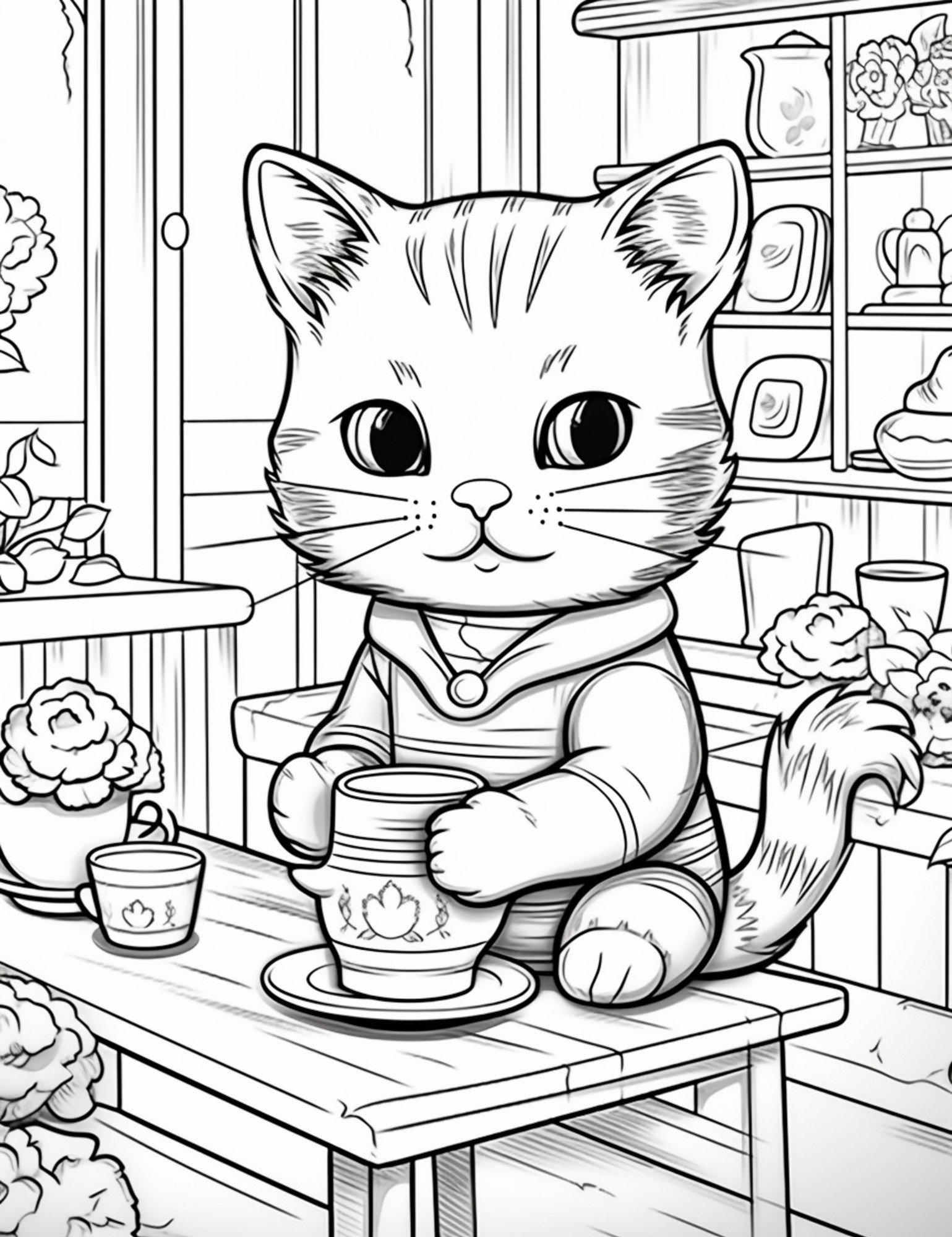Раскраска для детей: кот ученый сидит за столом