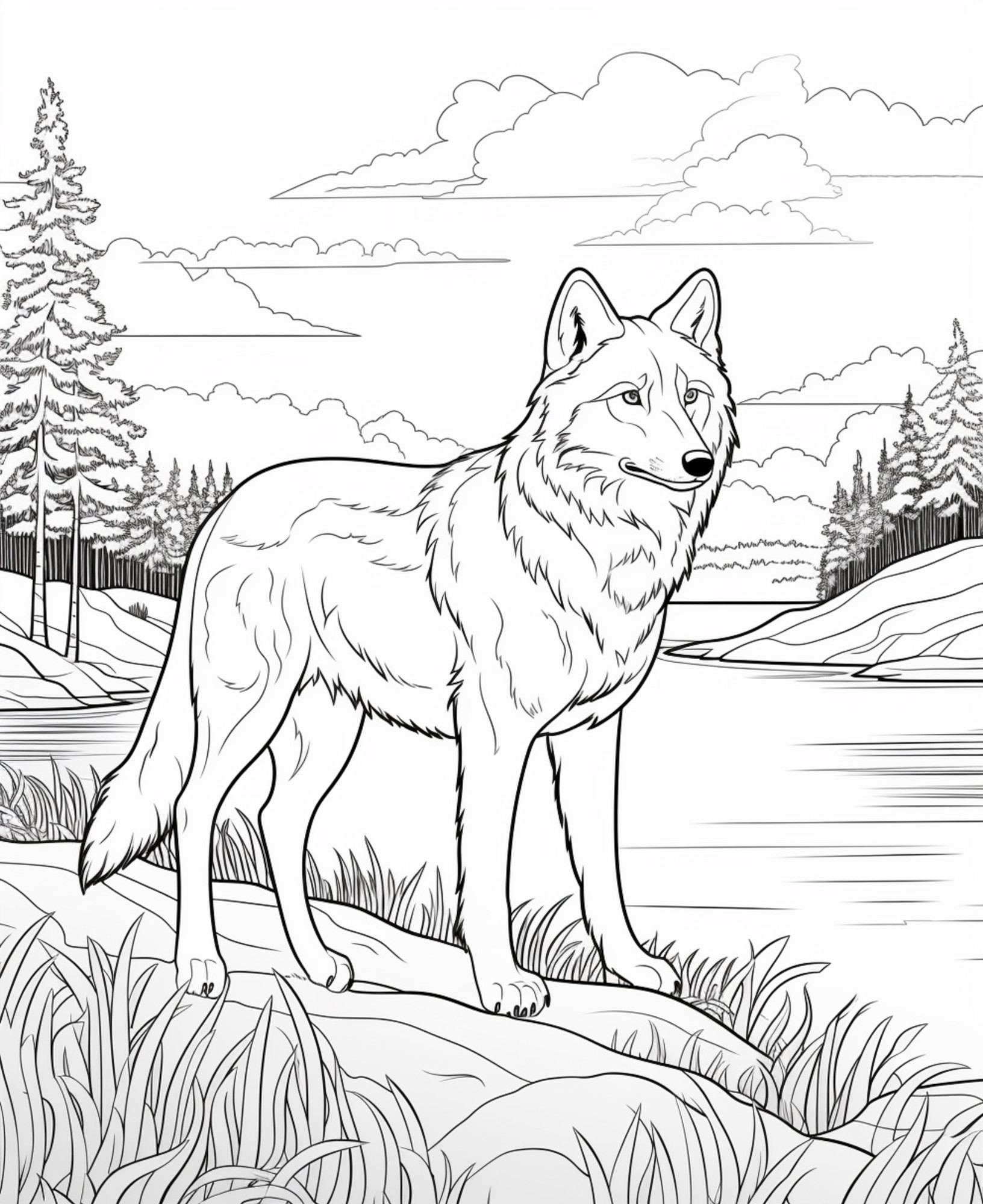 Раскраска для детей: серый волк на фоне озера