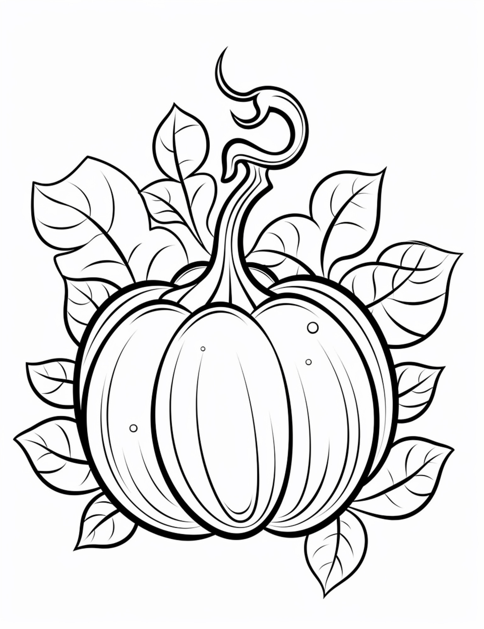 Раскраска для детей: хэллоуинская тыква с листьями и хвостом
