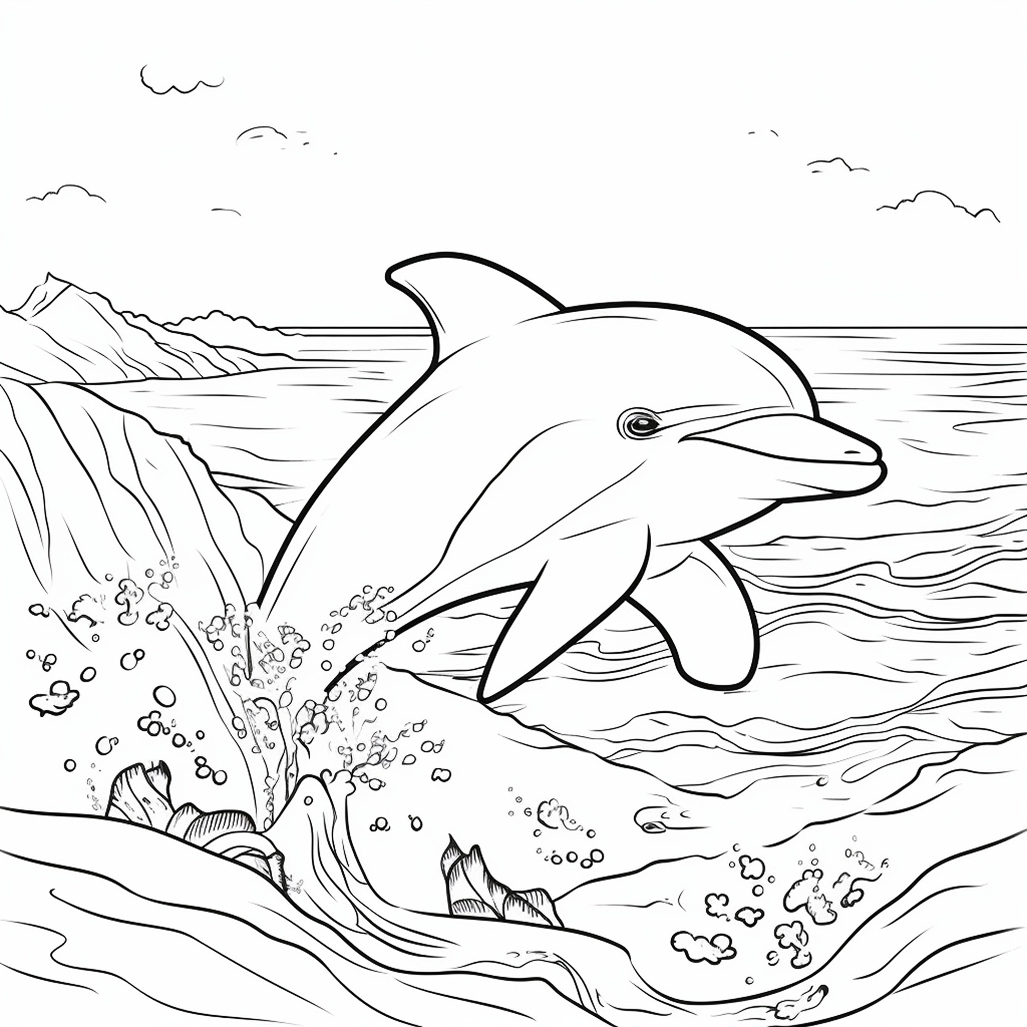 Раскраска для детей: дельфин в волнах океане на фоне горы