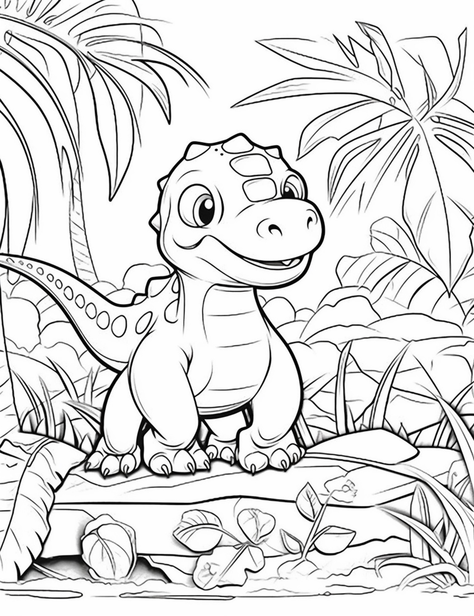 Раскраска для детей: мультяшный динозавр сидит на камне в джунглях