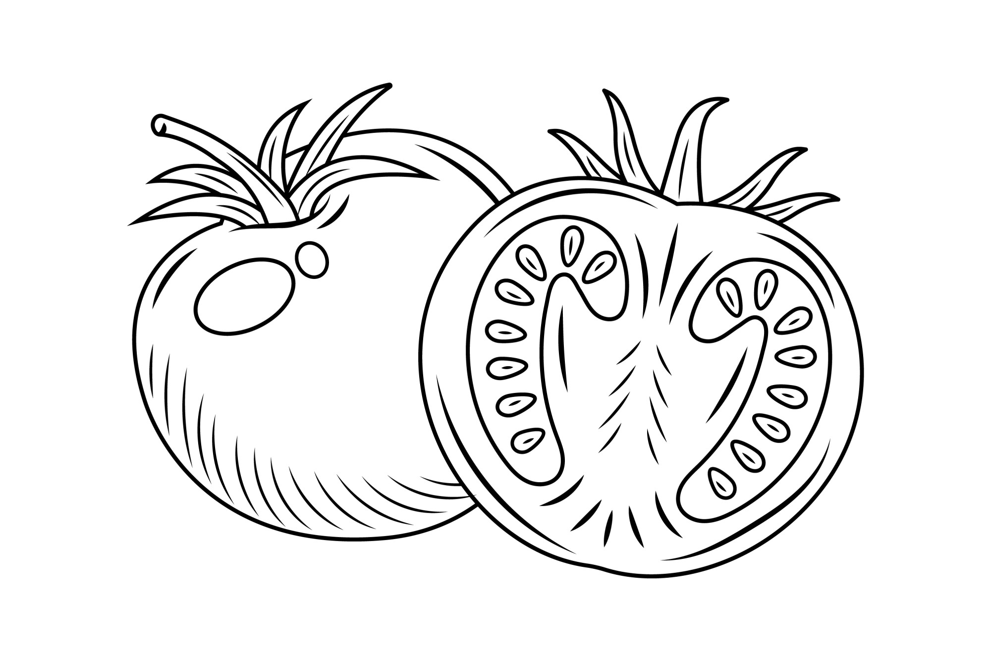 Раскраска для детей: фермерский помидор с половинкой