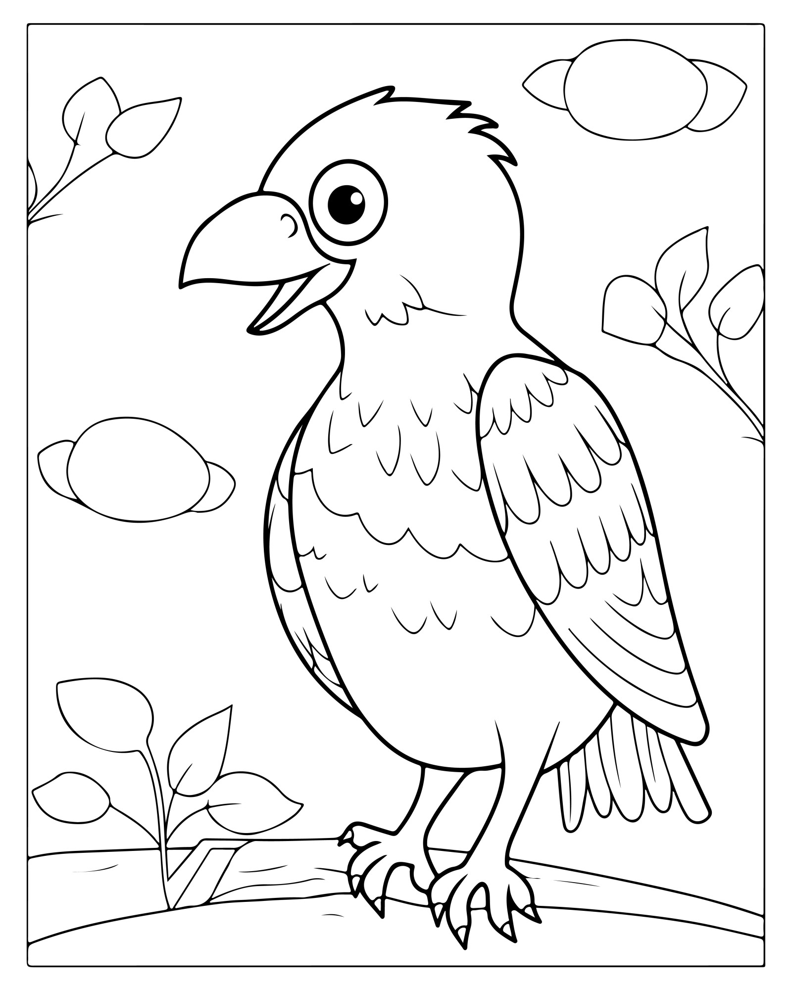 Раскраска для детей: птица с открытым клювом на ветке дерева