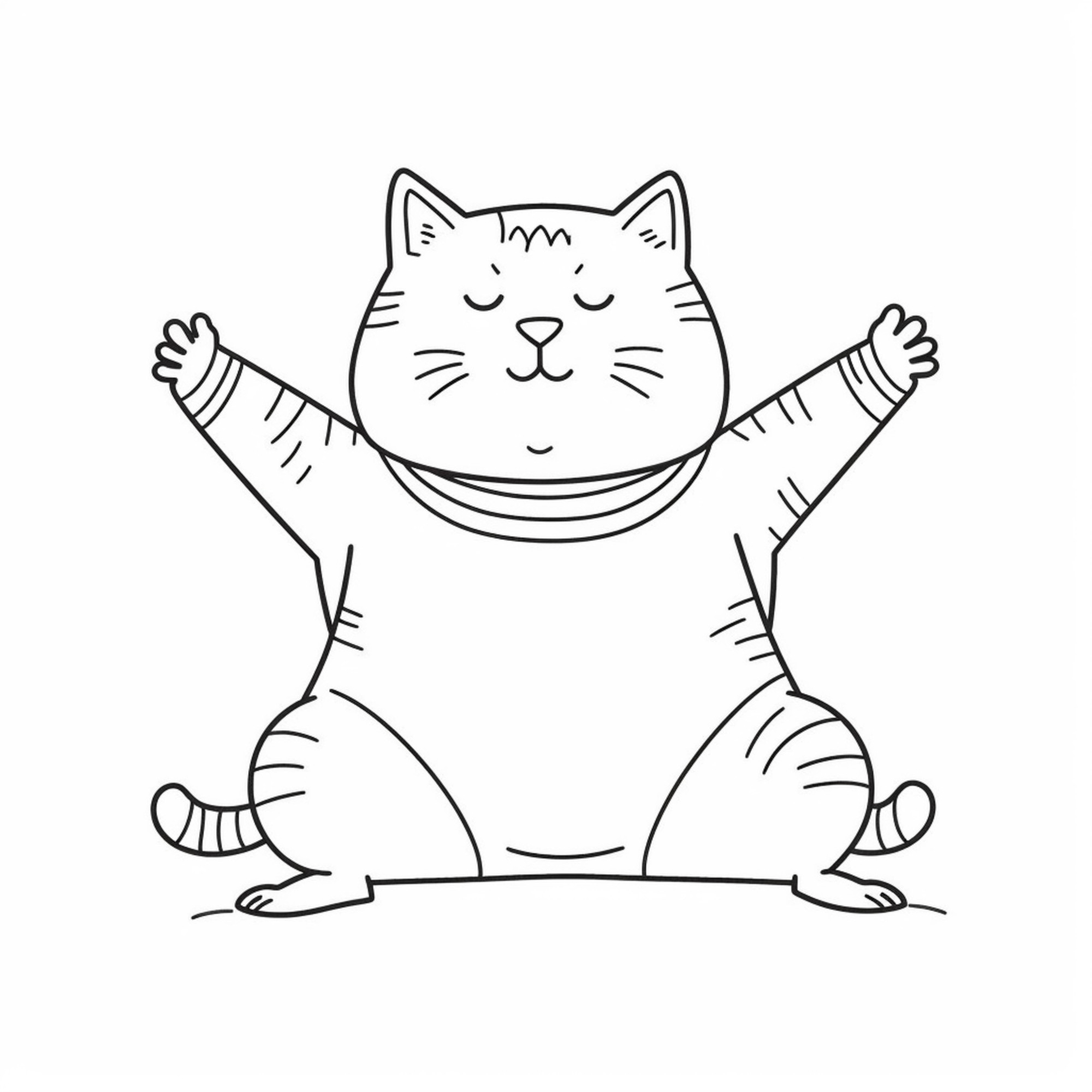 Раскраска для детей: толстый кот сидит с поднятыми лапами