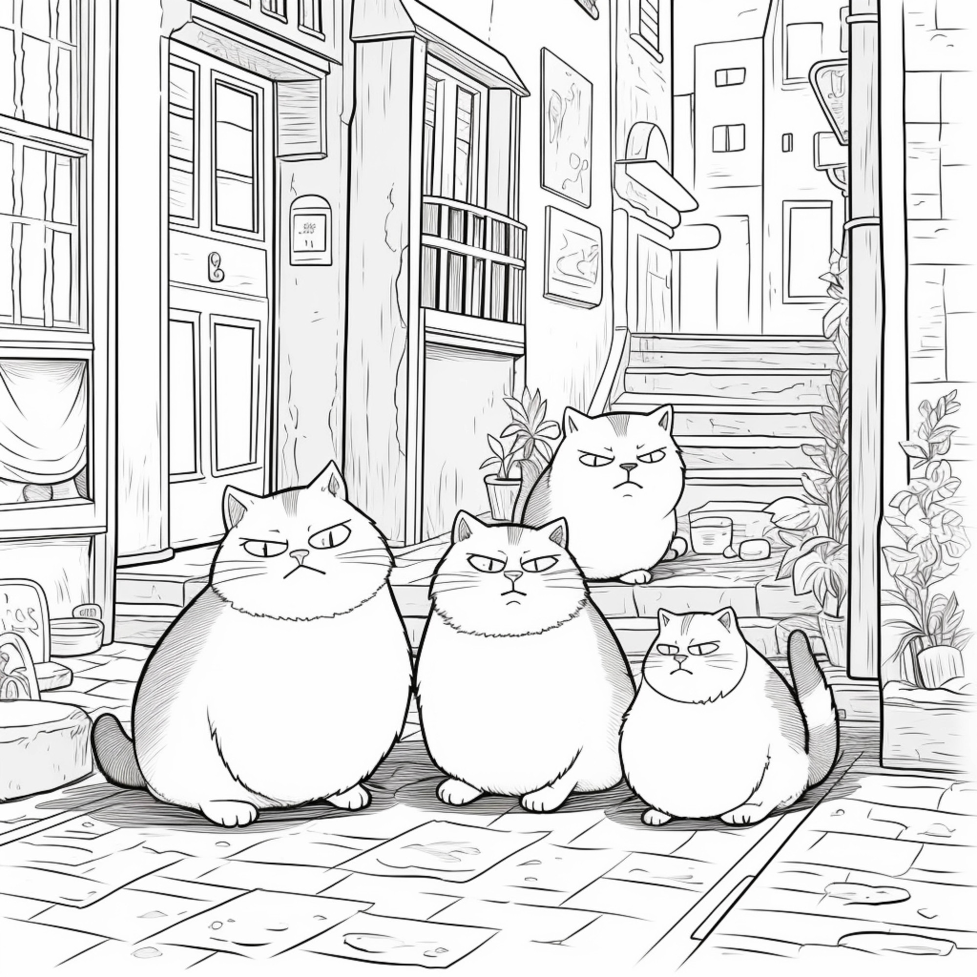 Раскраска для детей: четыре толстых кота на фоне городской улицы