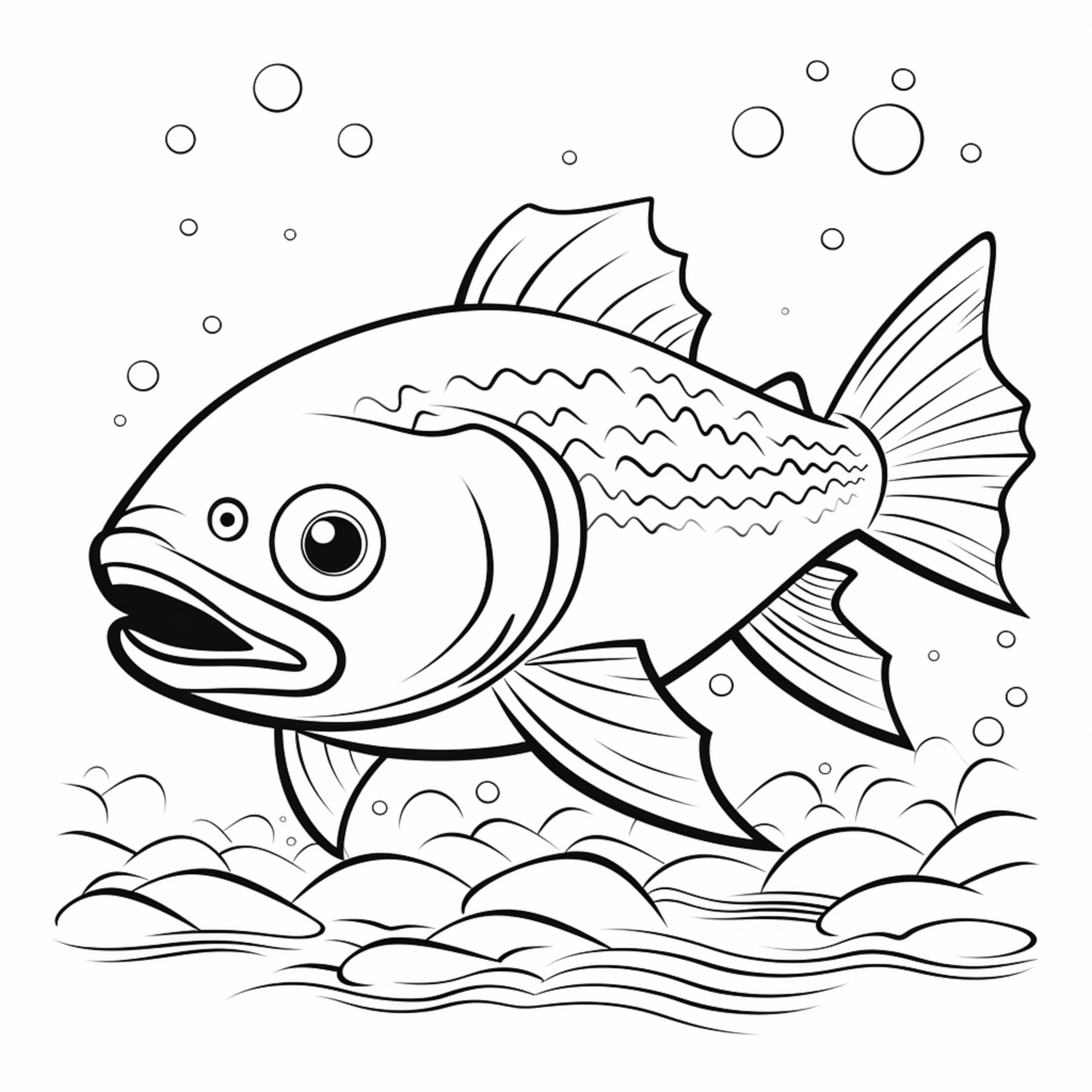 Раскраска для детей: рыба с большим ртом и большими глазами плавает в воде