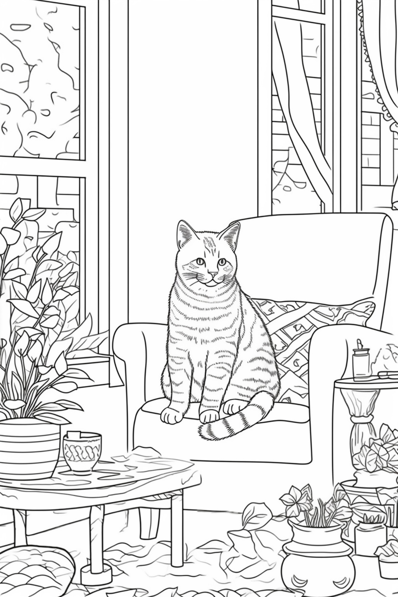 Раскраска для детей: кошка на кресле в комнате