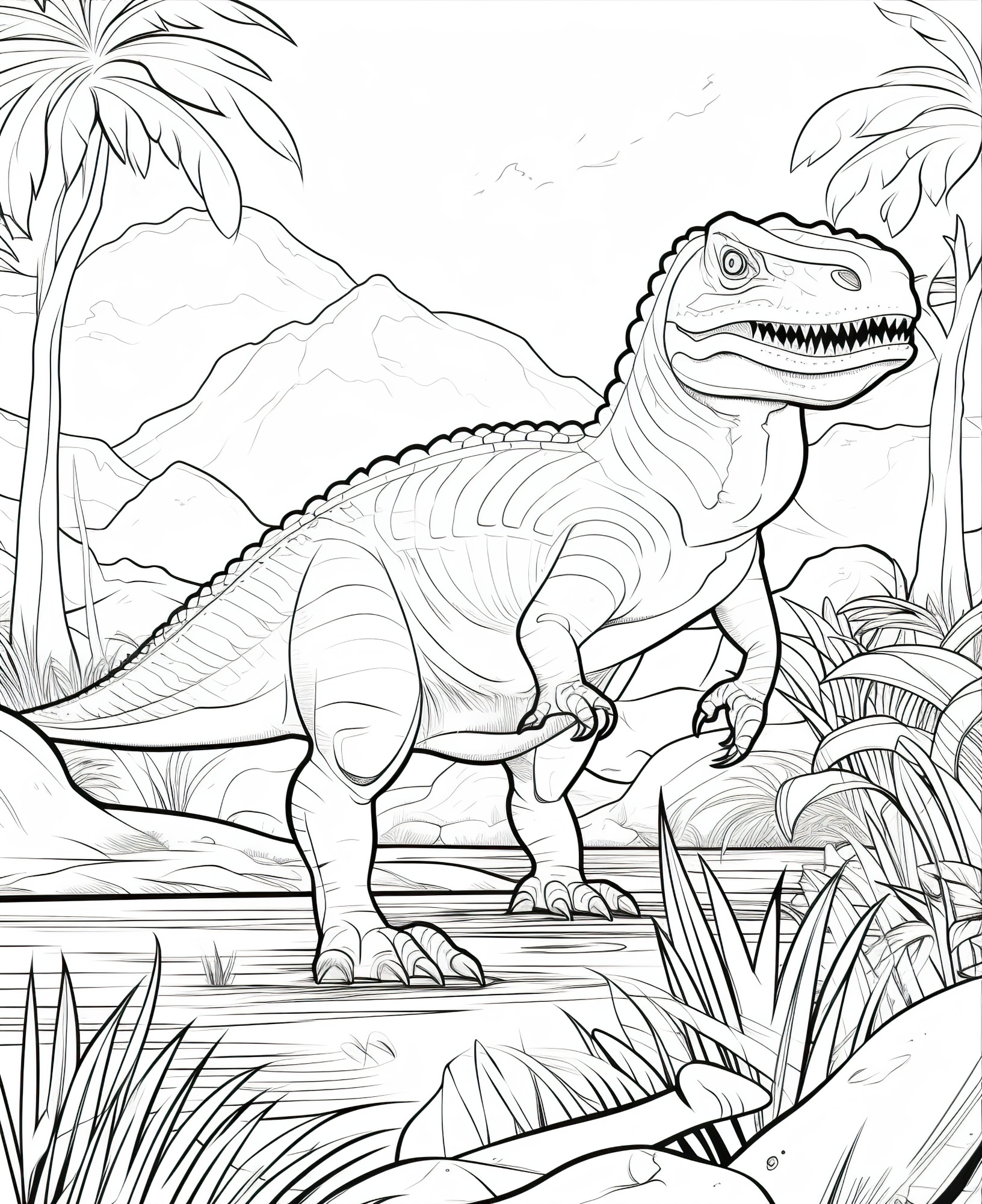Раскраска для детей: динозавр и магический лес