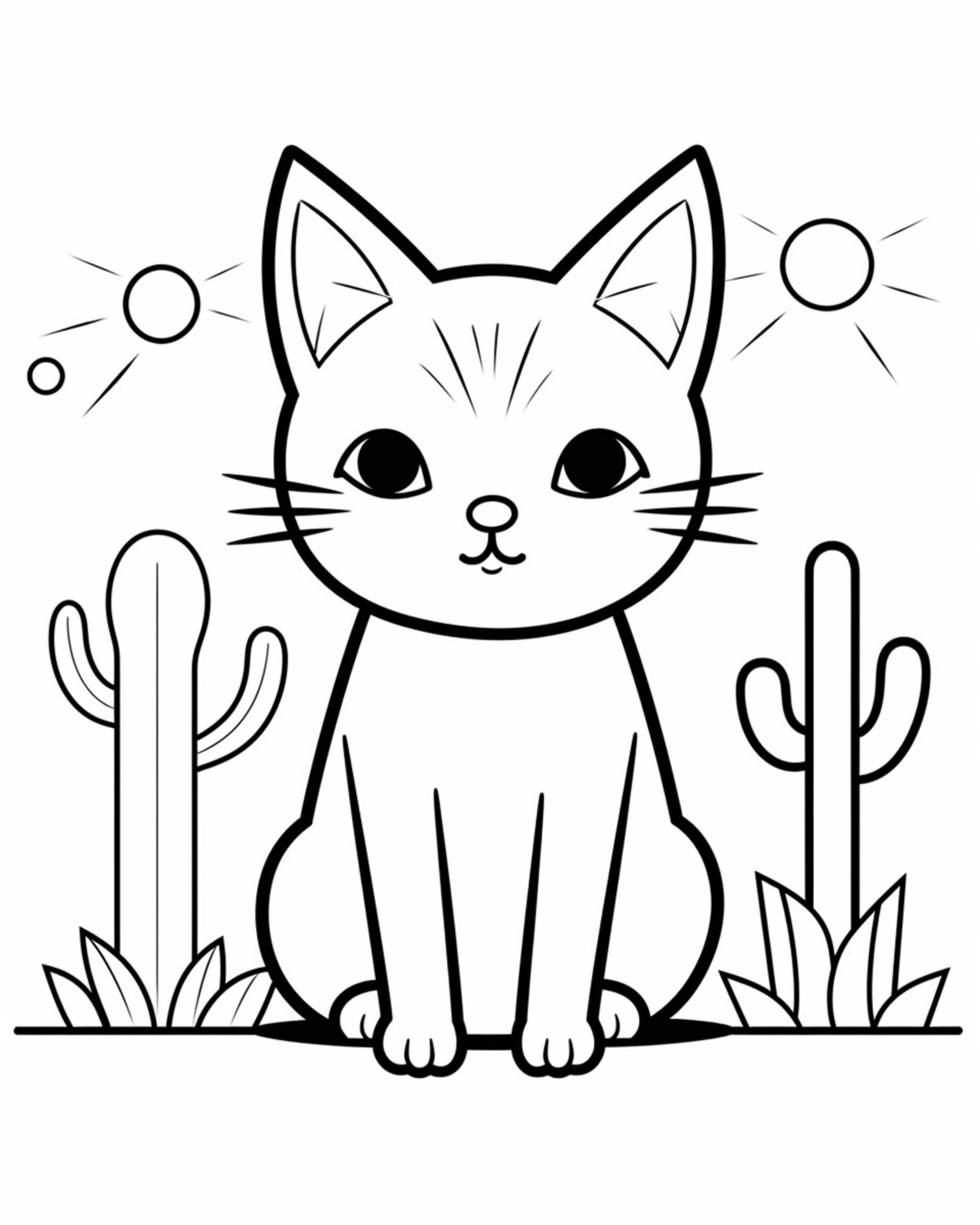 Раскраска для детей: кот в пустыни на фоне кактусов