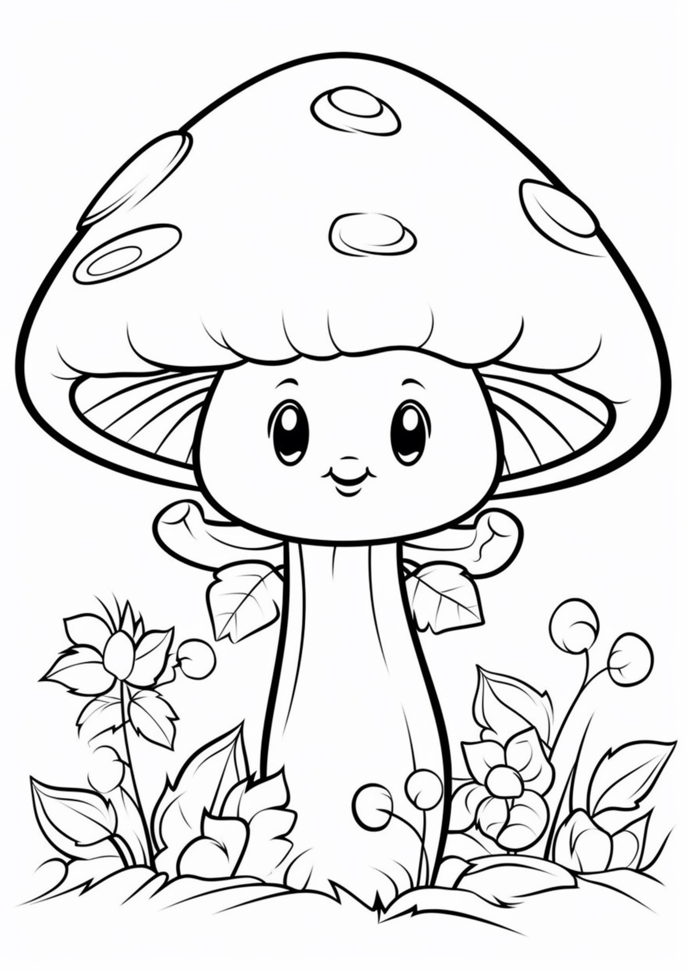 Раскраска для детей: мультяшный гриб с лицом и листочками