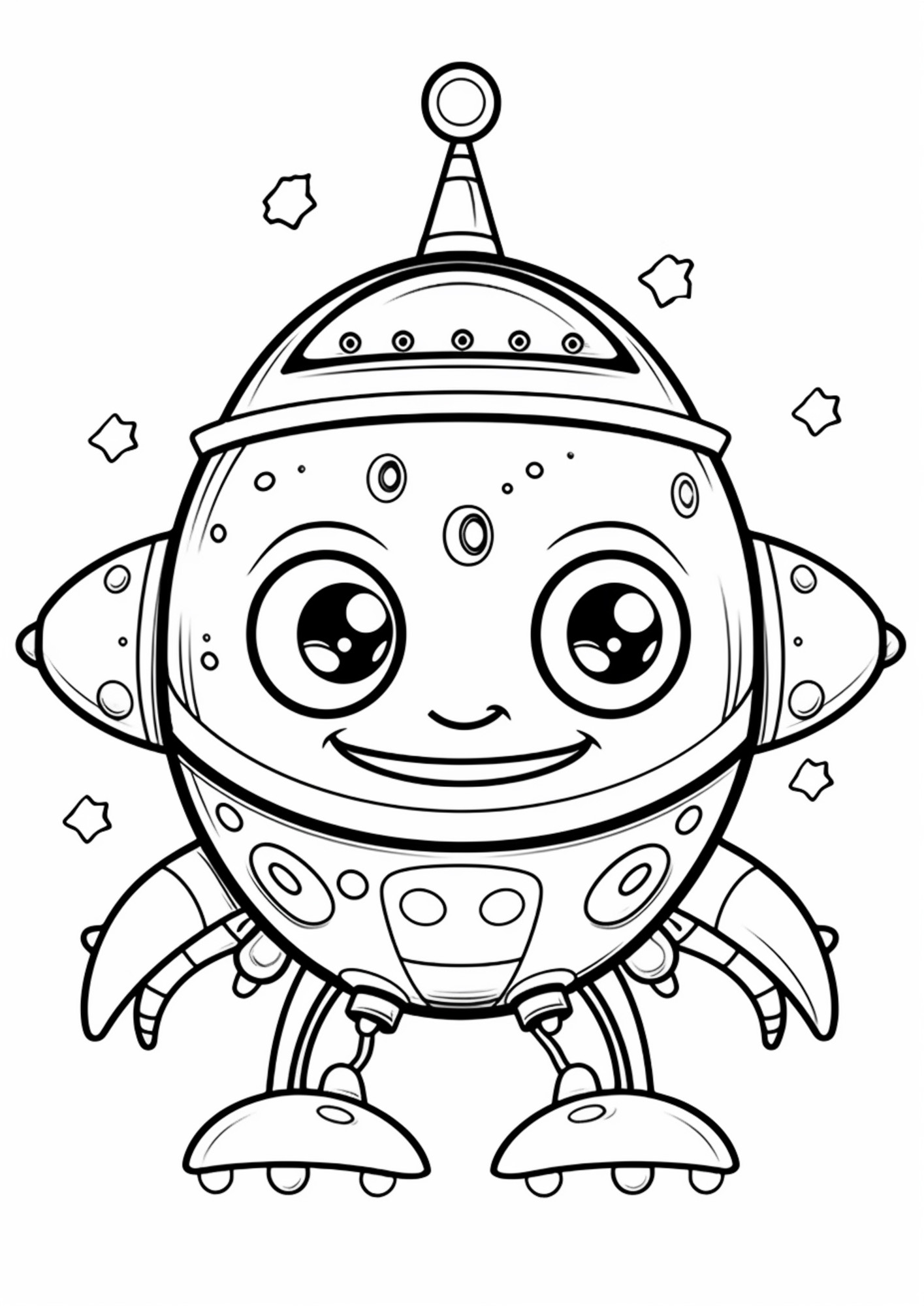 Раскраска для детей: сказочный робот с большими глазами и ушами