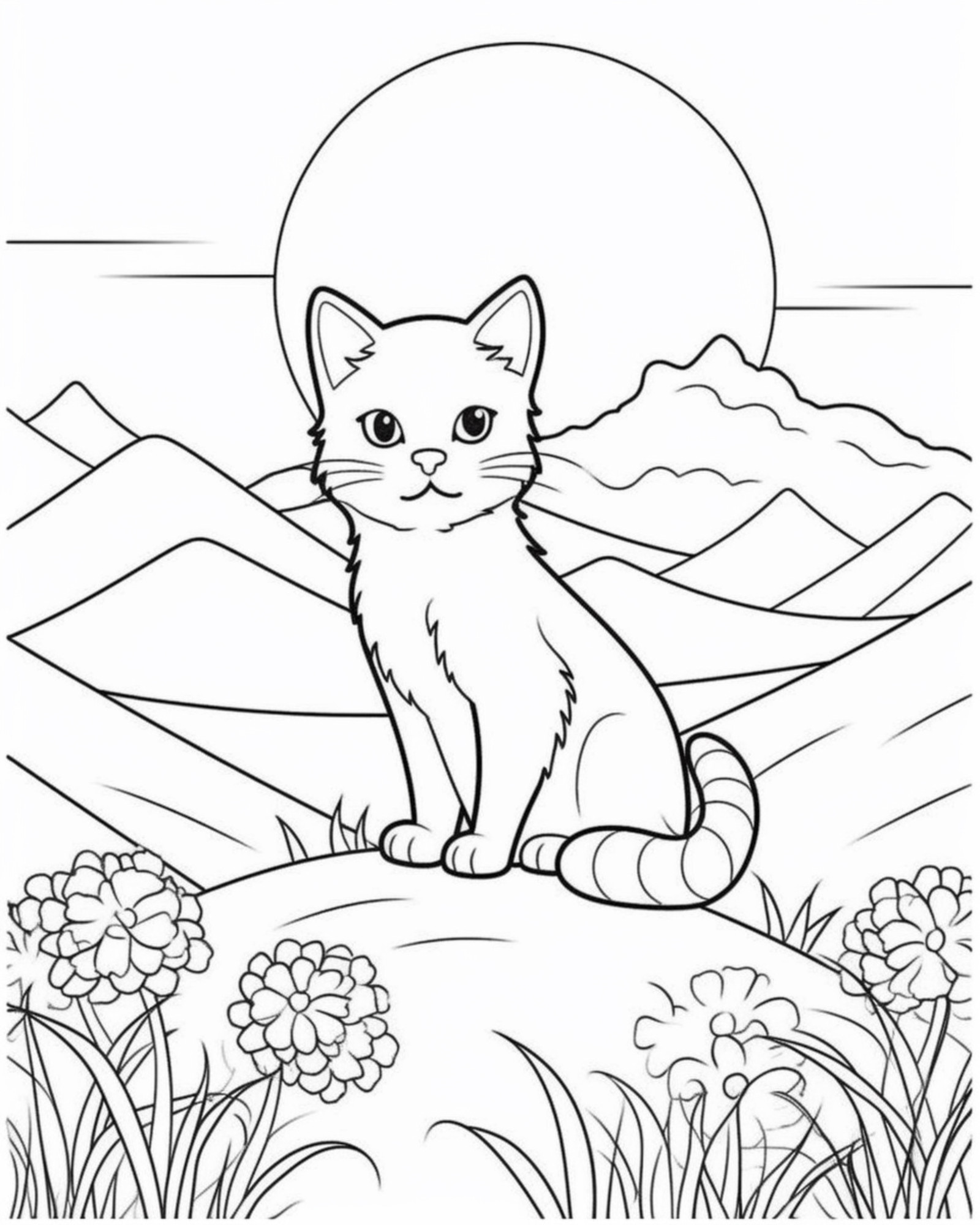 Раскраска для детей: кот на холме с цветами на фоне луны и гор