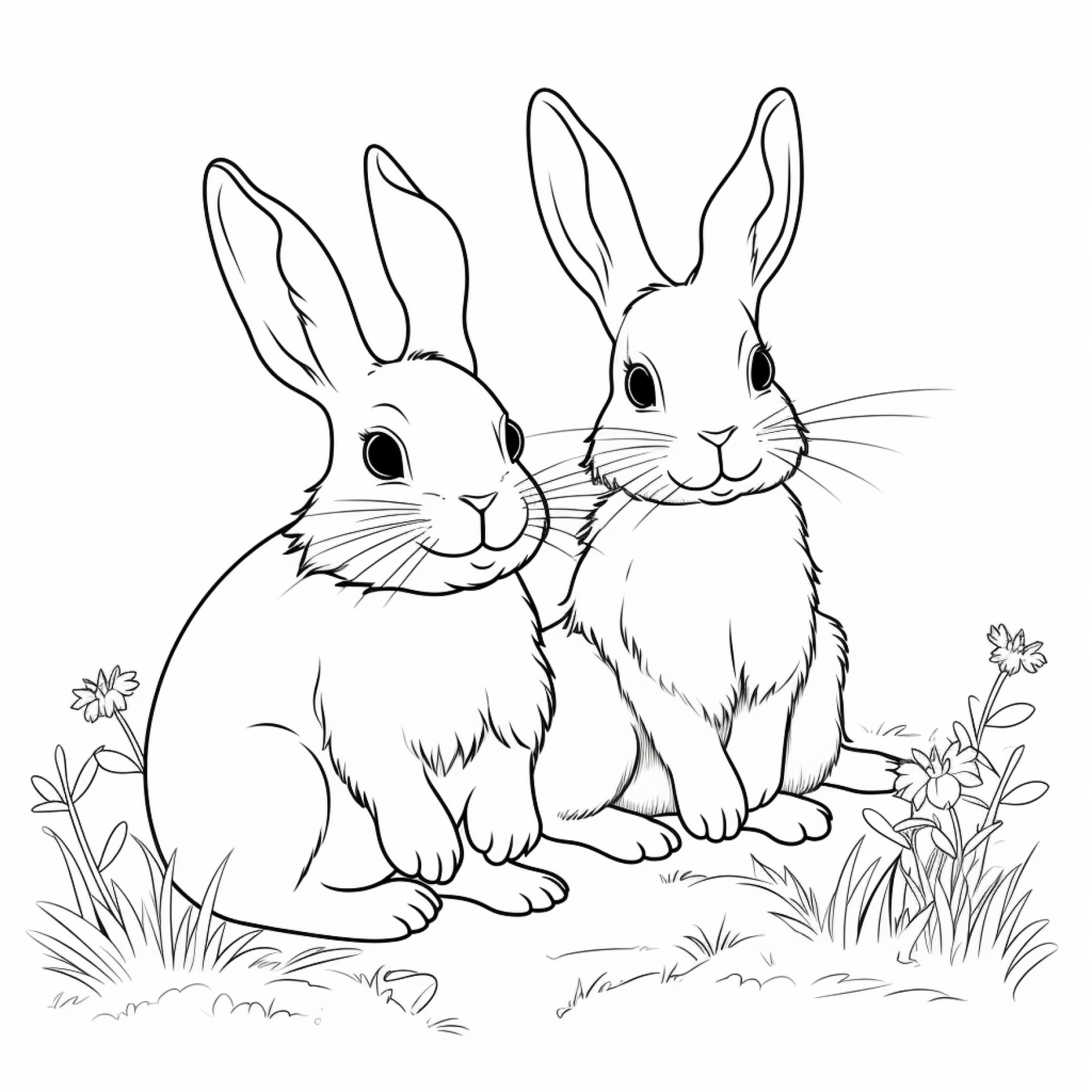 Раскраска для детей: зайцы сидят на полянке