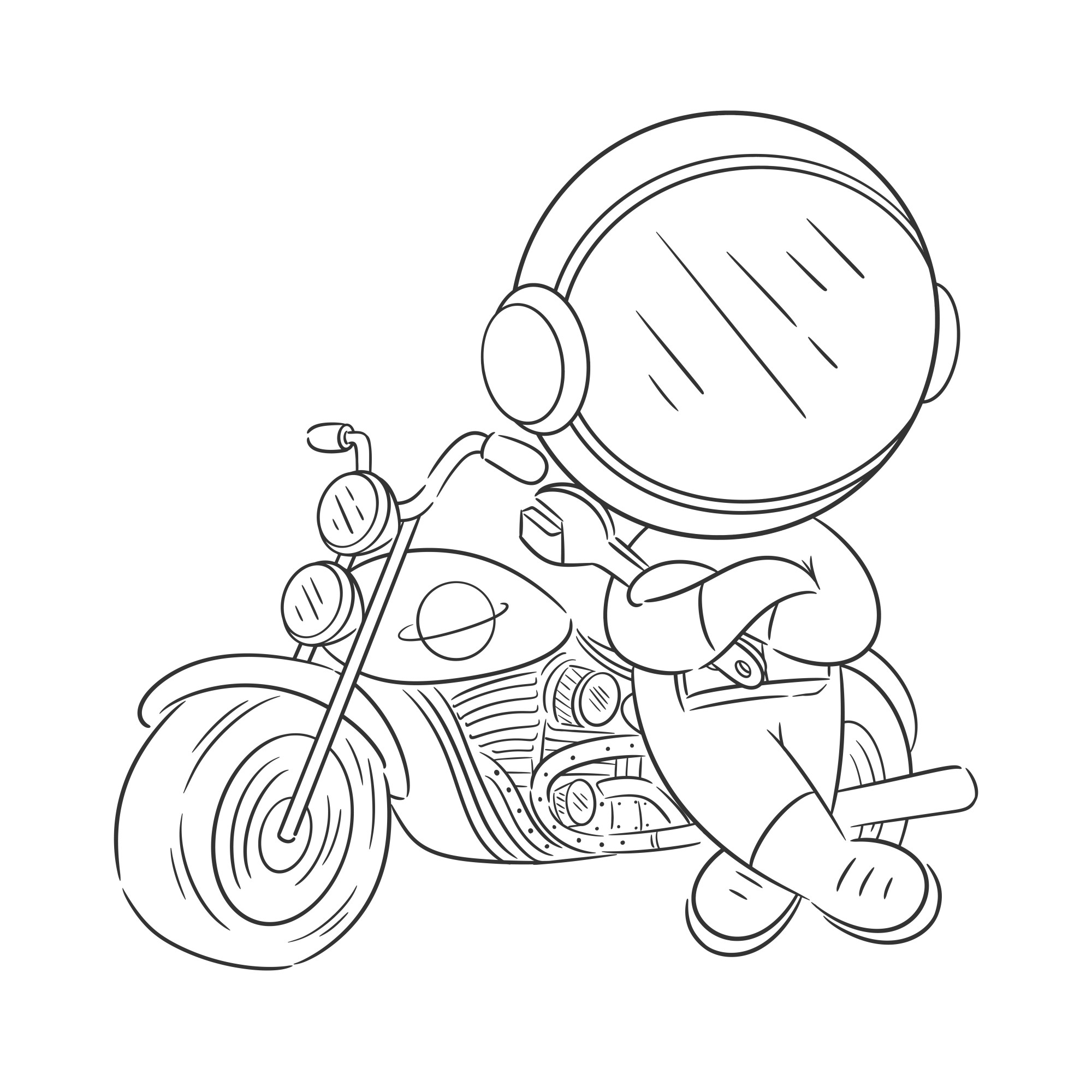 Раскраска для детей: байкер в шлеме с мотоциклом