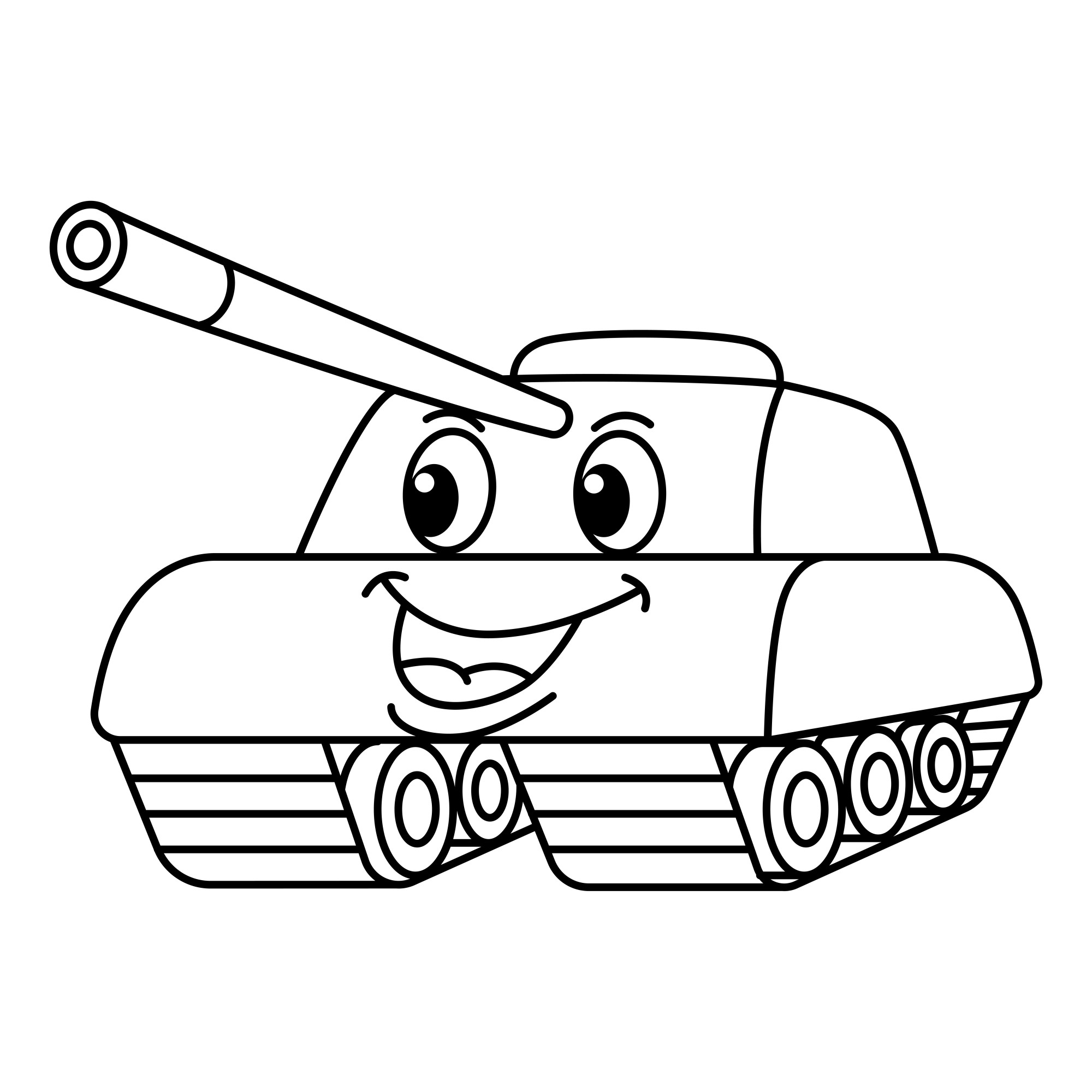 Раскраска для детей: мультяшный танк с лицом