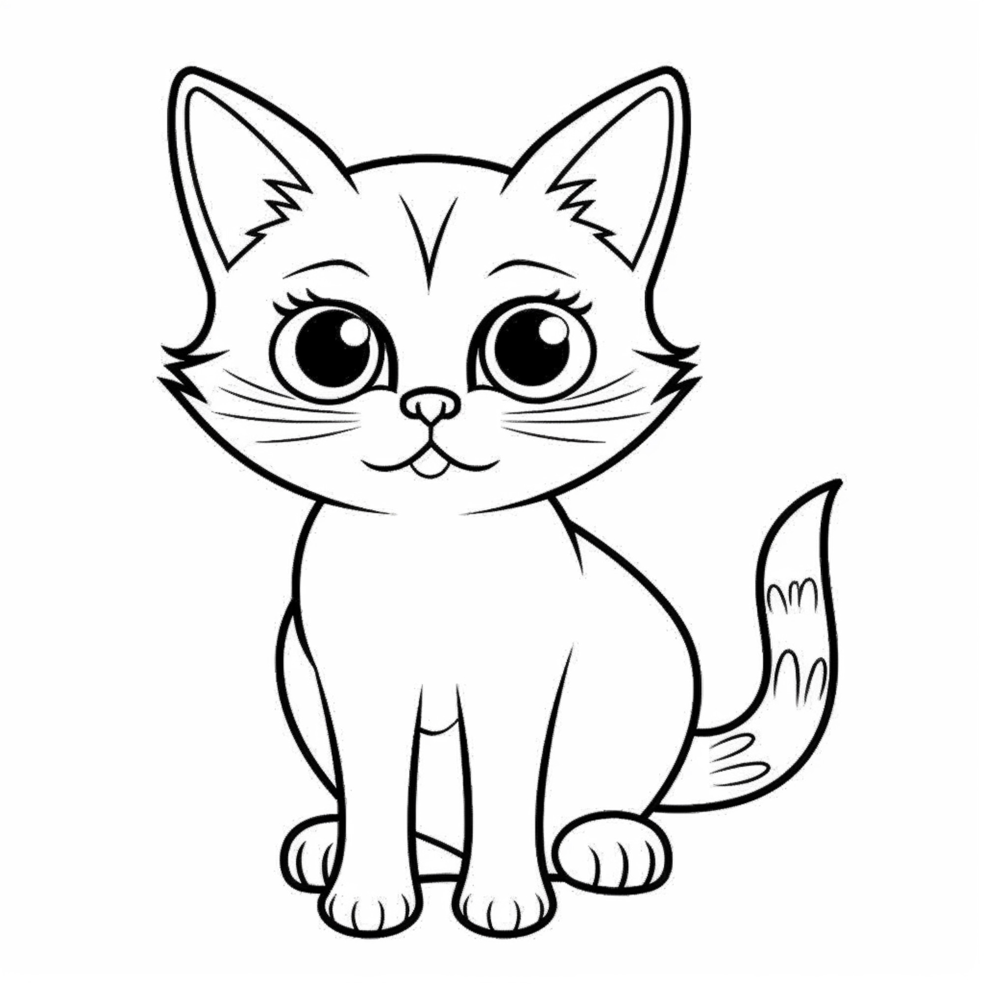 Раскраска для детей: кошка с большими глазами и пушистым хвостом