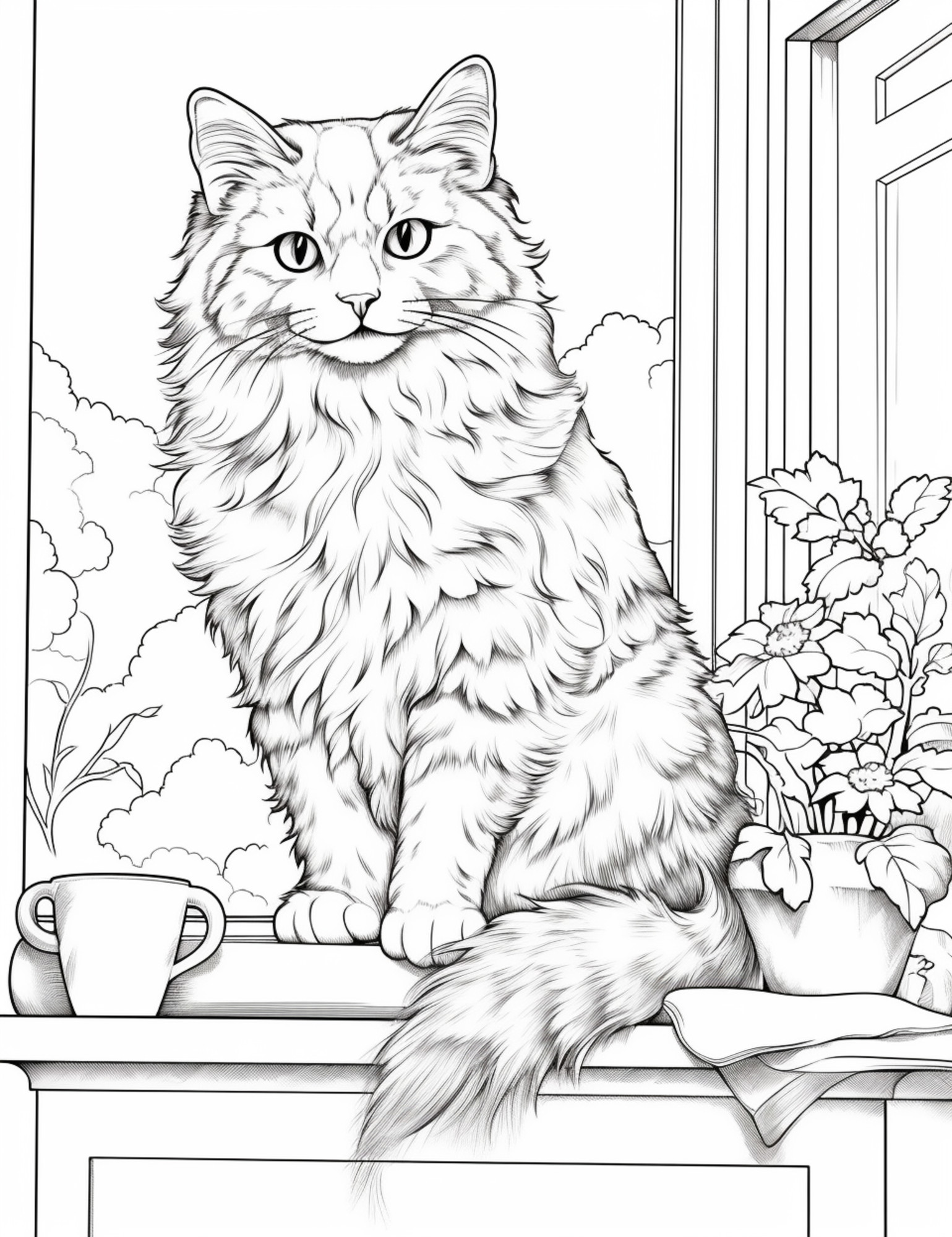 Раскраска для детей: кот сидит на подоконнике рядом с горшком цветов