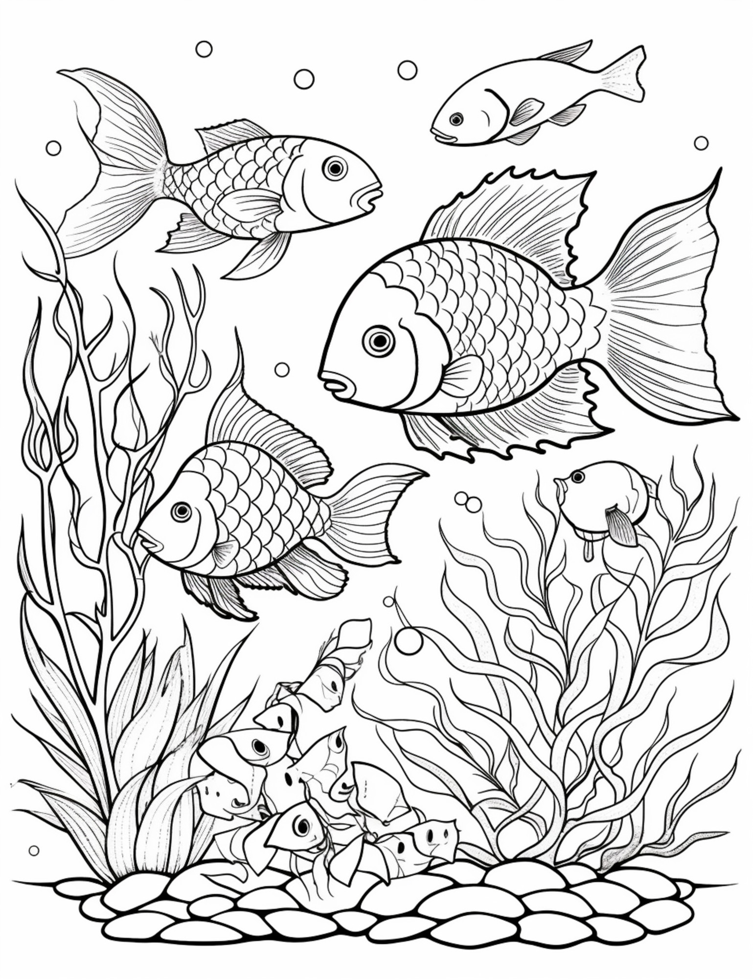 Раскраска для детей: рыбки с морскими растениями в воде