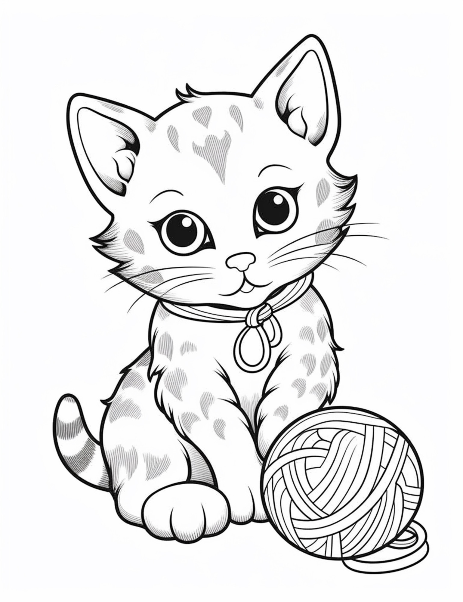 Раскраска для детей: котенок с большими глазами играет с клубком
