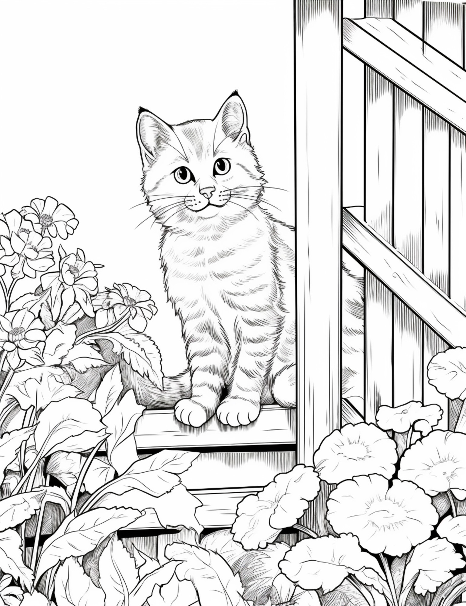 Раскраска для детей: кот в саду на фоне цветов