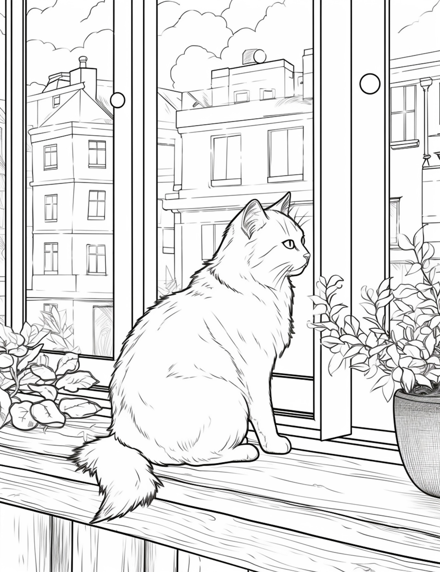 Раскраска для детей: кошка сидит на подоконнике и смотрящих в окно