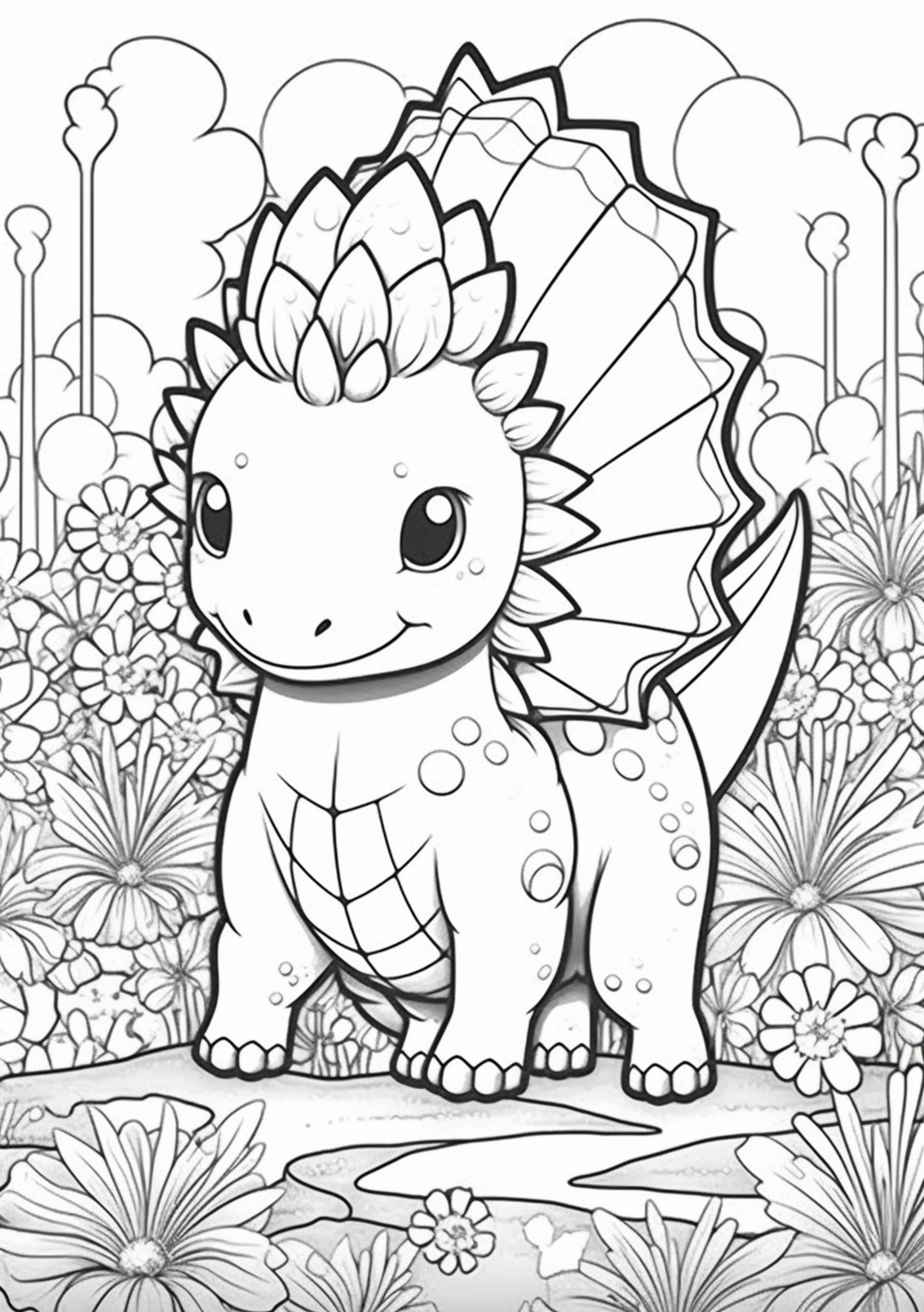 Раскраска для детей: маленький динозавр в саду