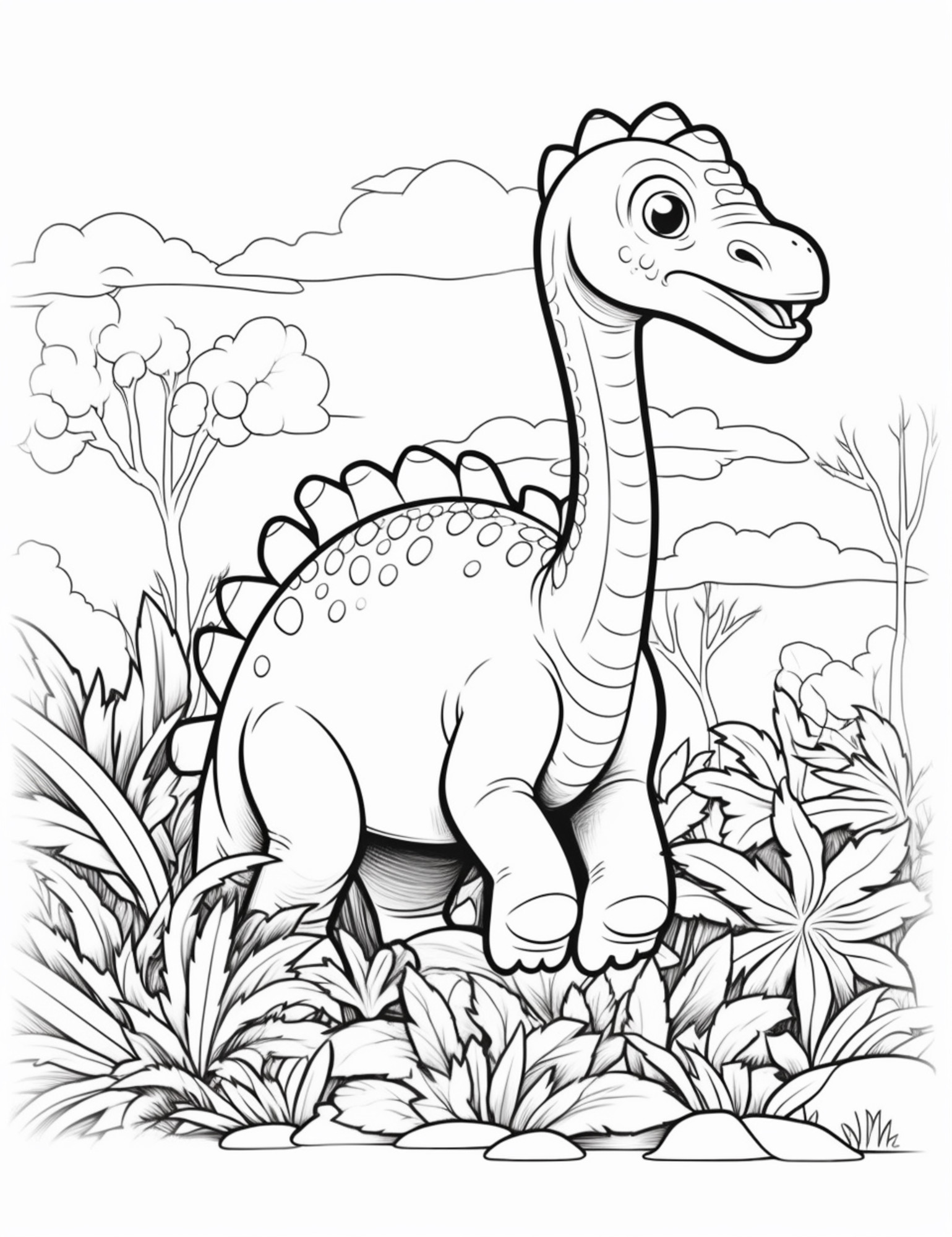Раскраска для детей: динозавр с длинной шеей в джунглях