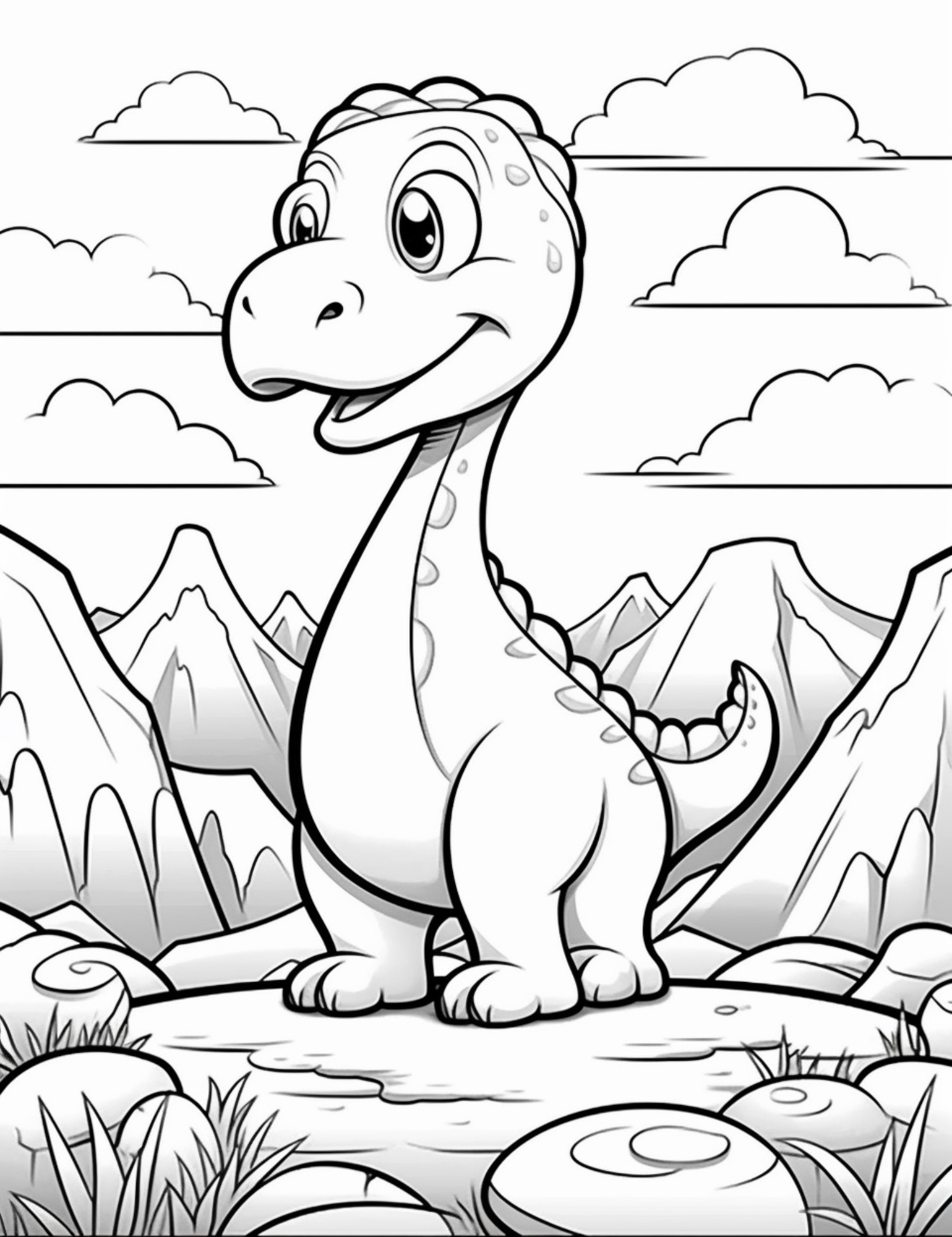 Раскраска для детей: сказочный динозавр с большой головой