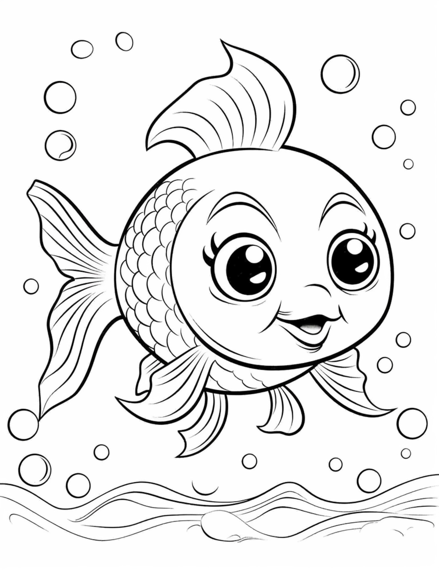 Раскраска для детей: рыба с лицом и пузырьками воздуха