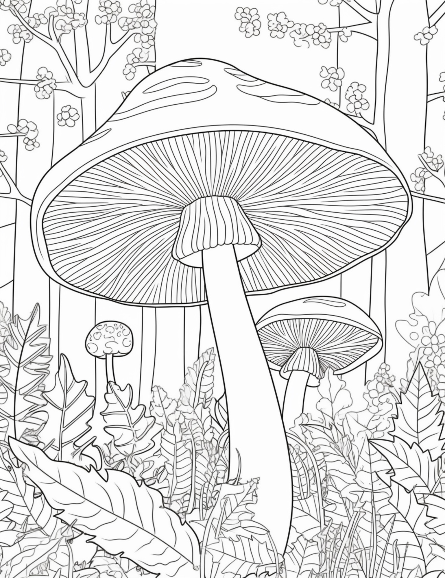 Раскраска для детей: лес с грибами