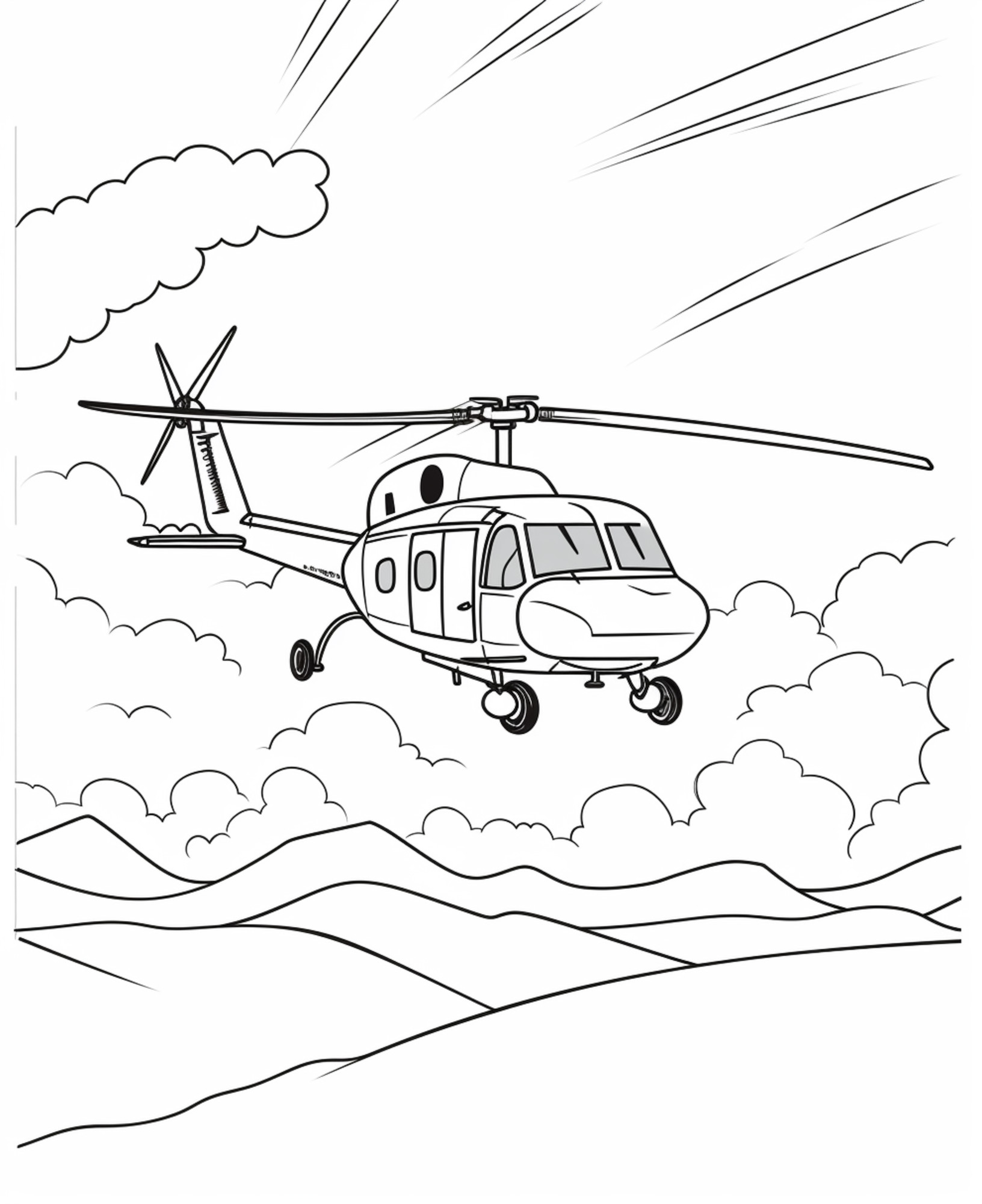 Раскраска для детей: вертолет заходит на посадку