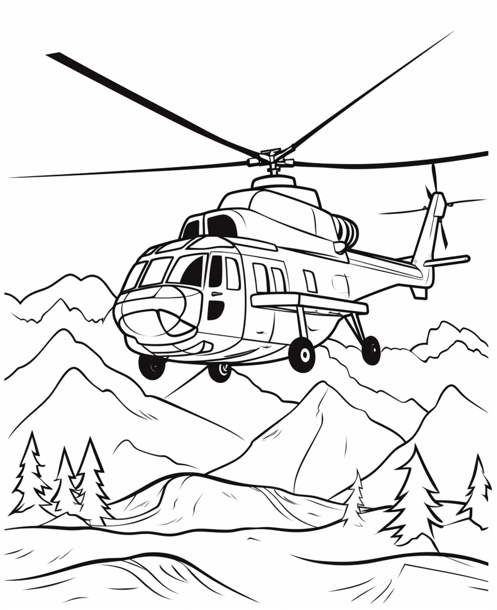 Раскраска для детей: вертолет над горной местностью
