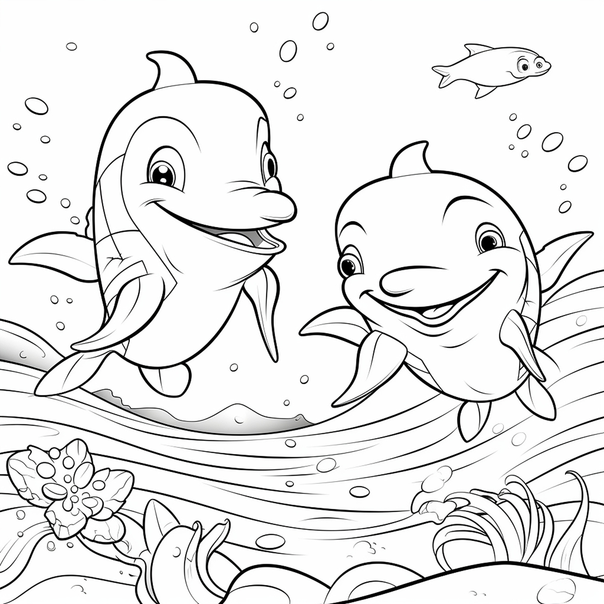 Раскраска для детей: два веселых дельфина с маленькой рыбкой