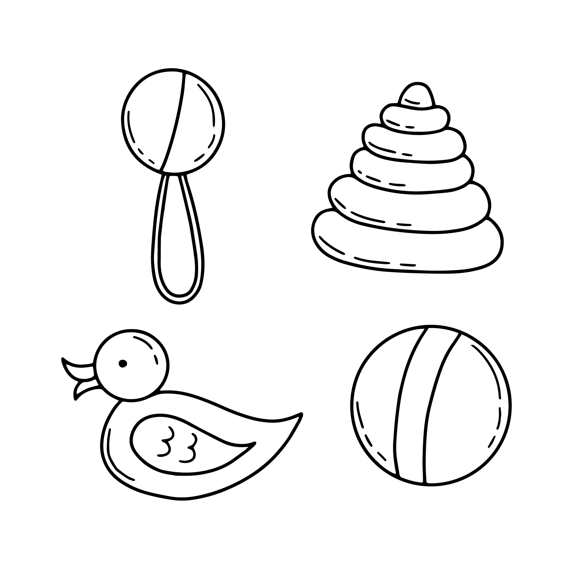 Раскраска для детей: игрушки для младенцев: погремушка, пирамидка, мячик и резиновая уточка