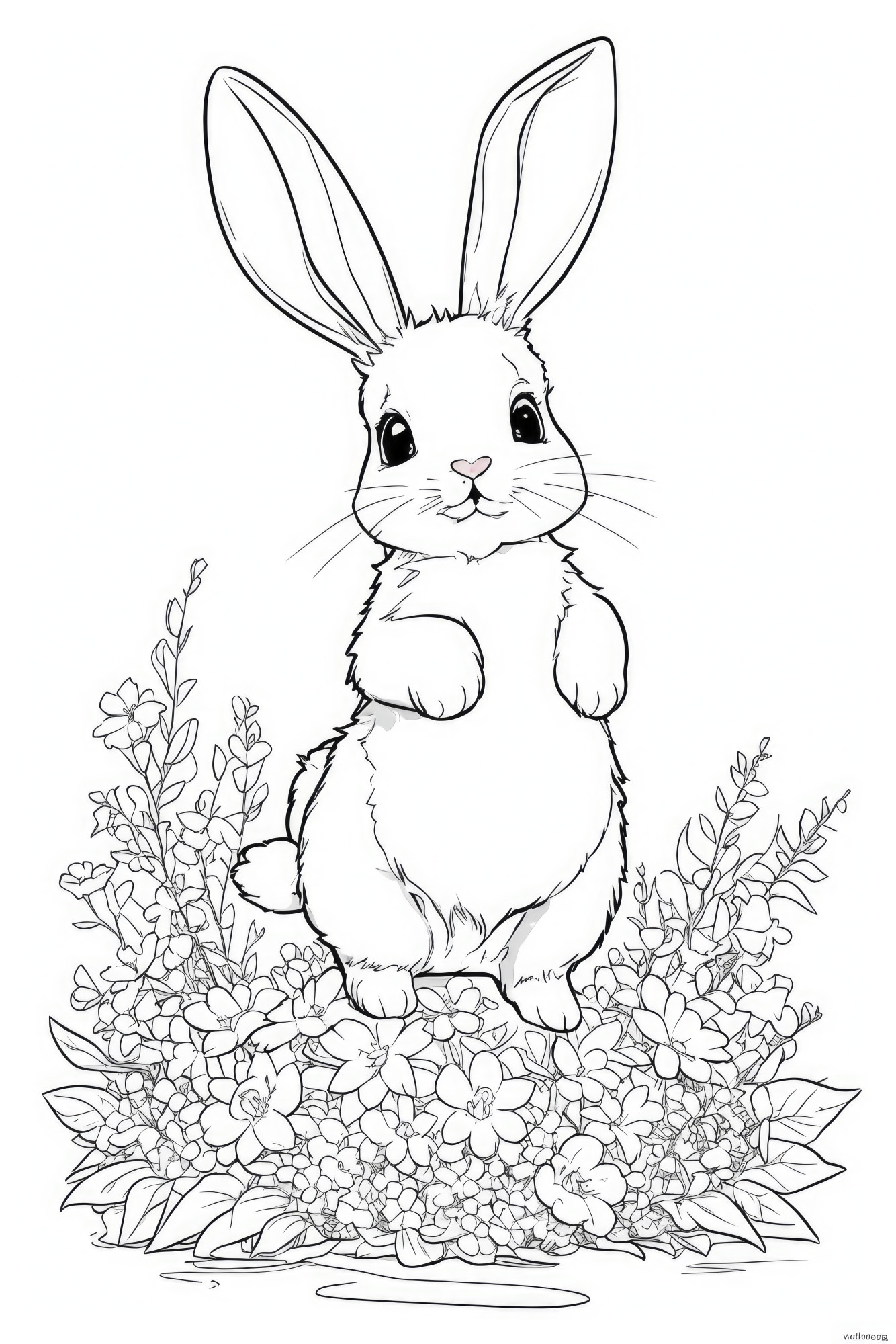Раскраска для детей: заяц стоит в клумбе цветов на задних лапках
