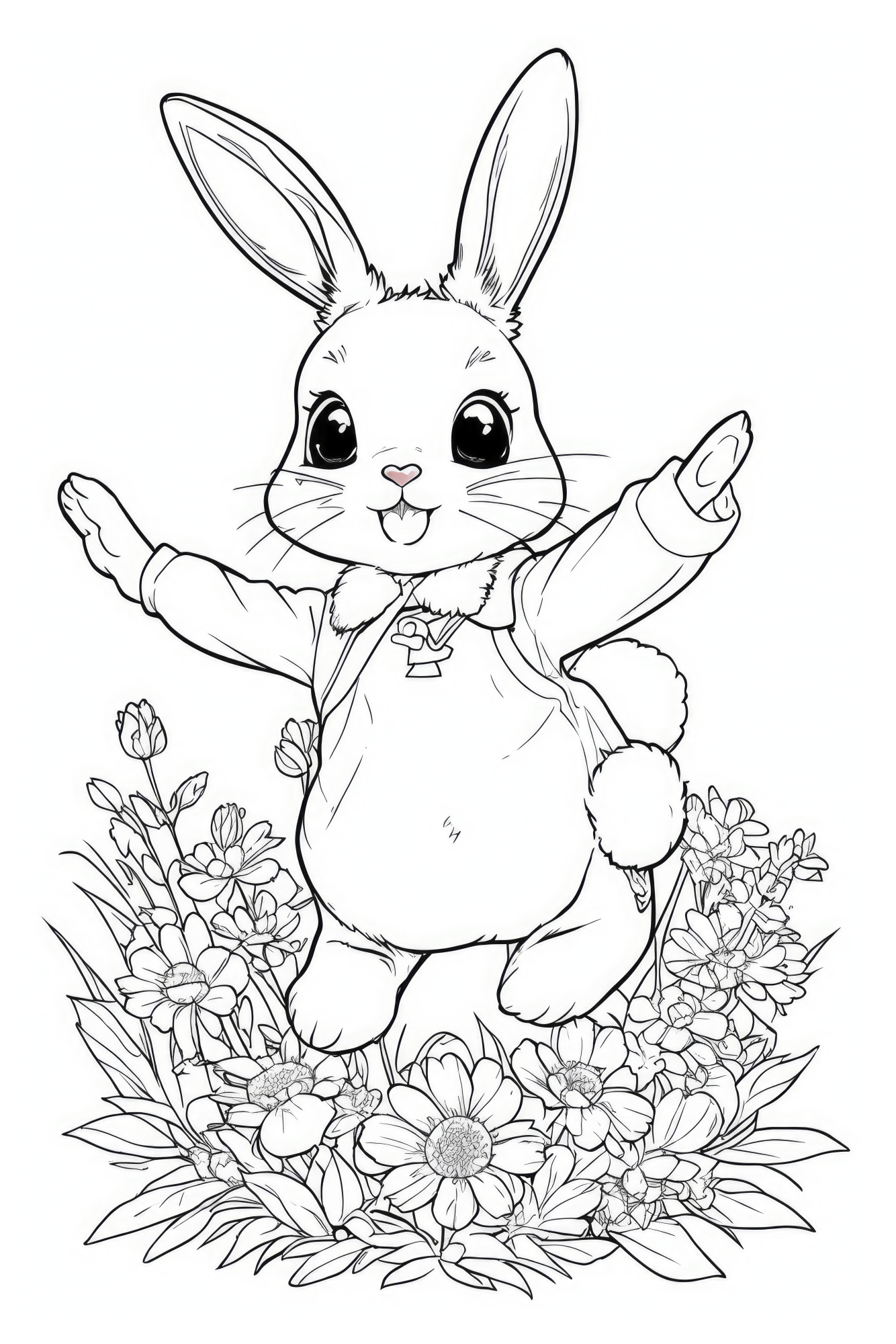 Раскраска для детей: заяц на опушке с ромашками с поднятыми лапами