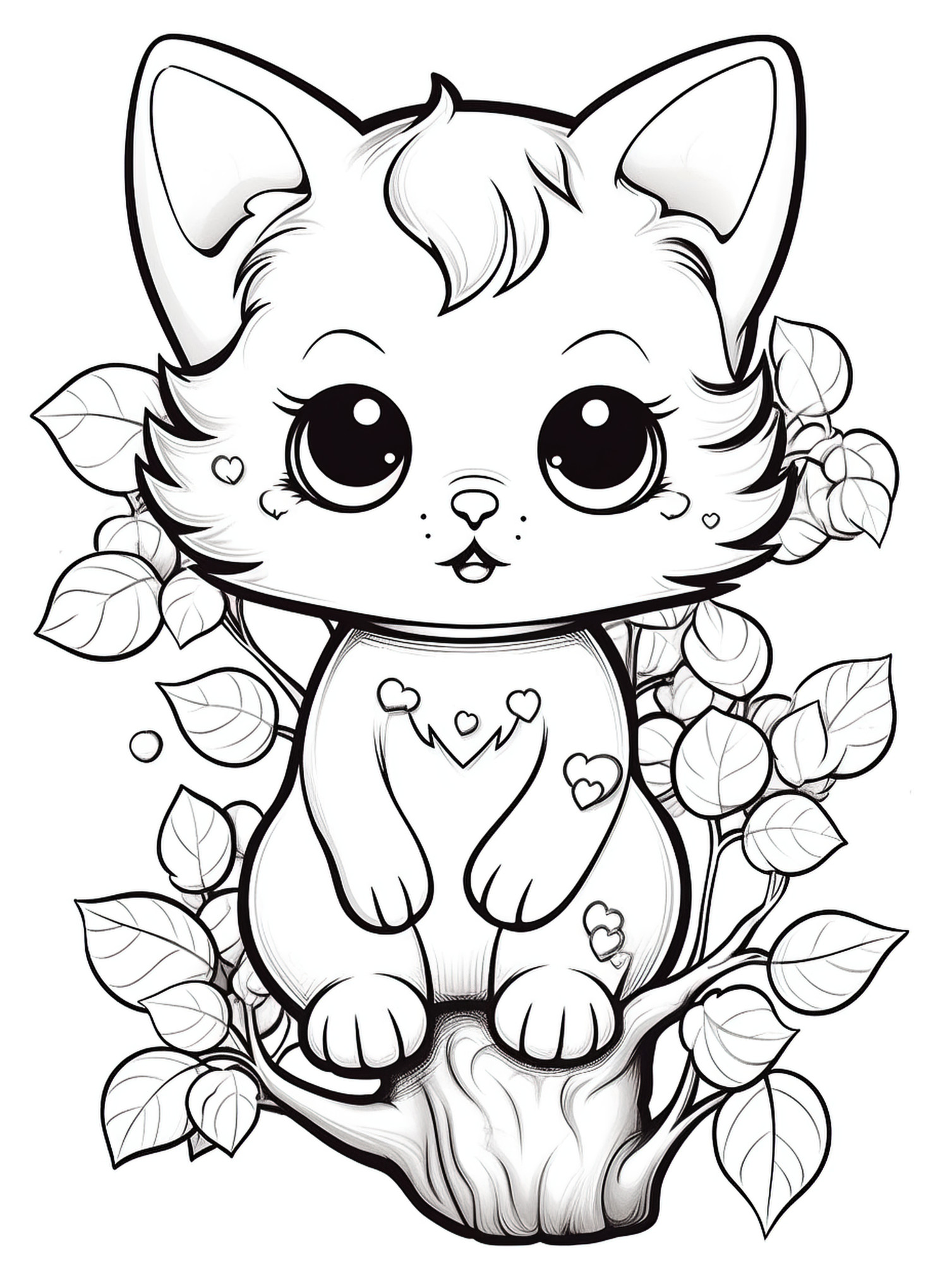 Раскраска для детей: котенок с сердечками на дереве