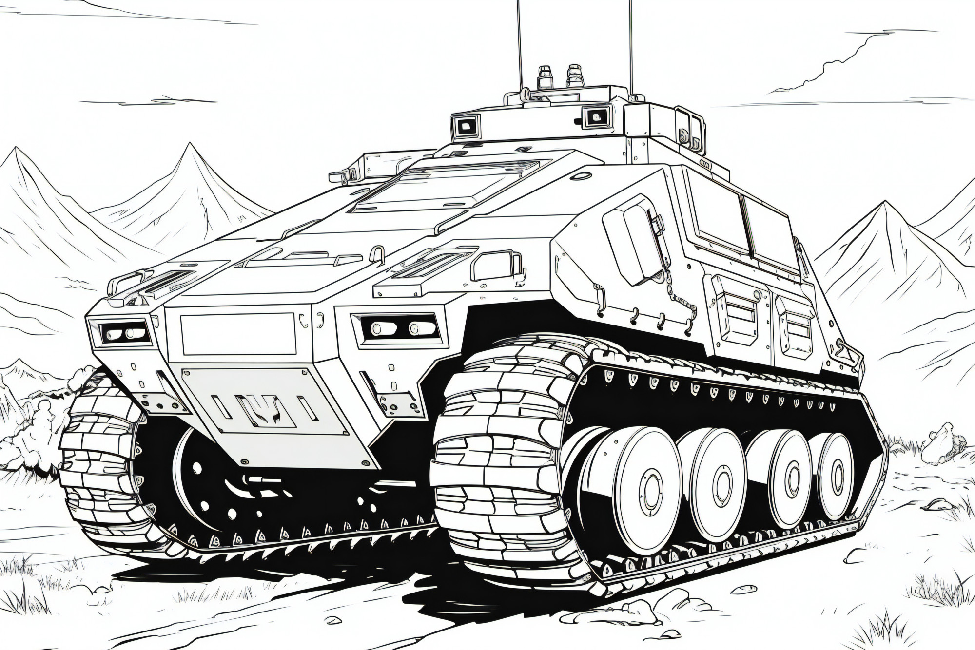 Раскраска для детей: боевой танк на горной вершине
