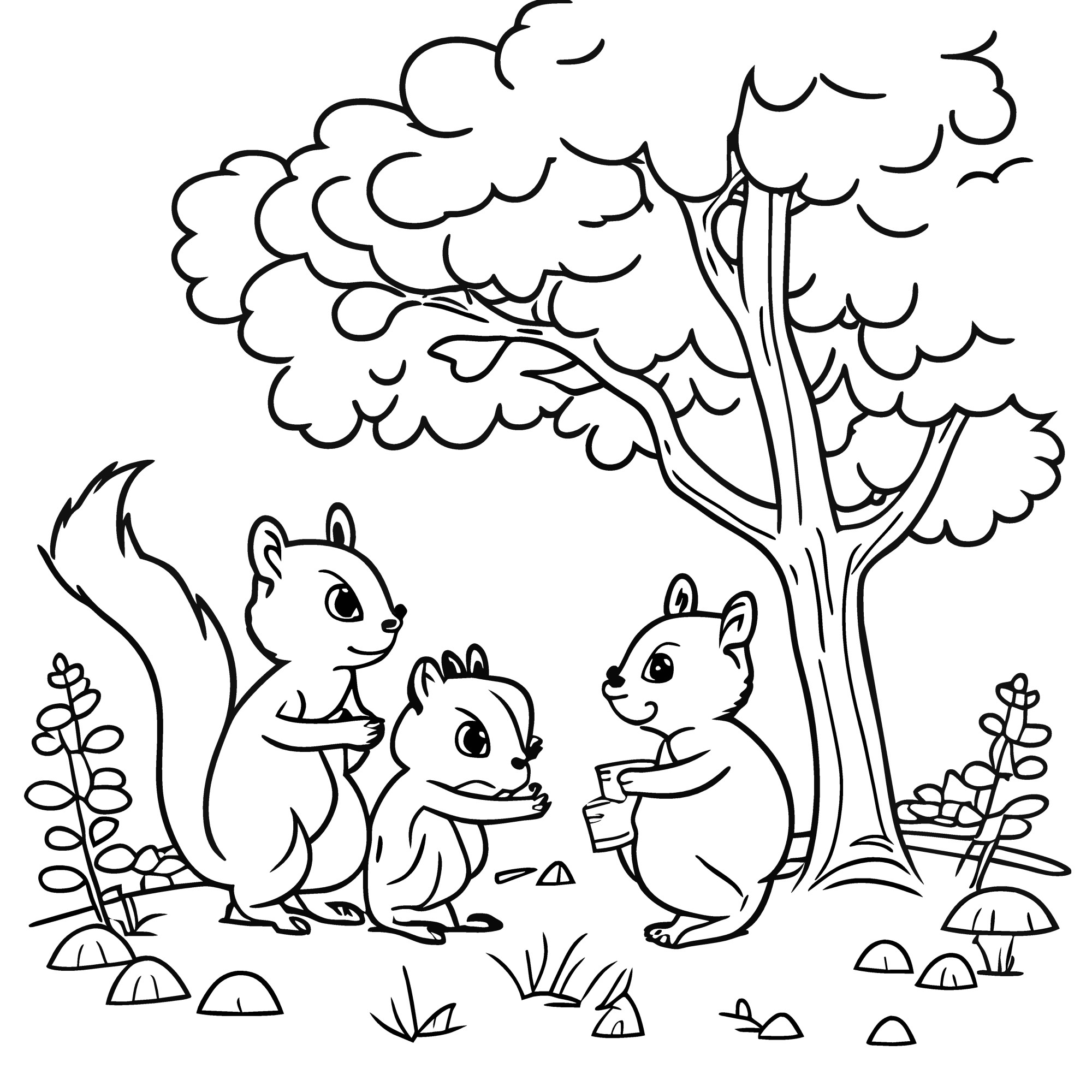 Раскраска для детей: три мультяшные белки в лесу стоят у дерева