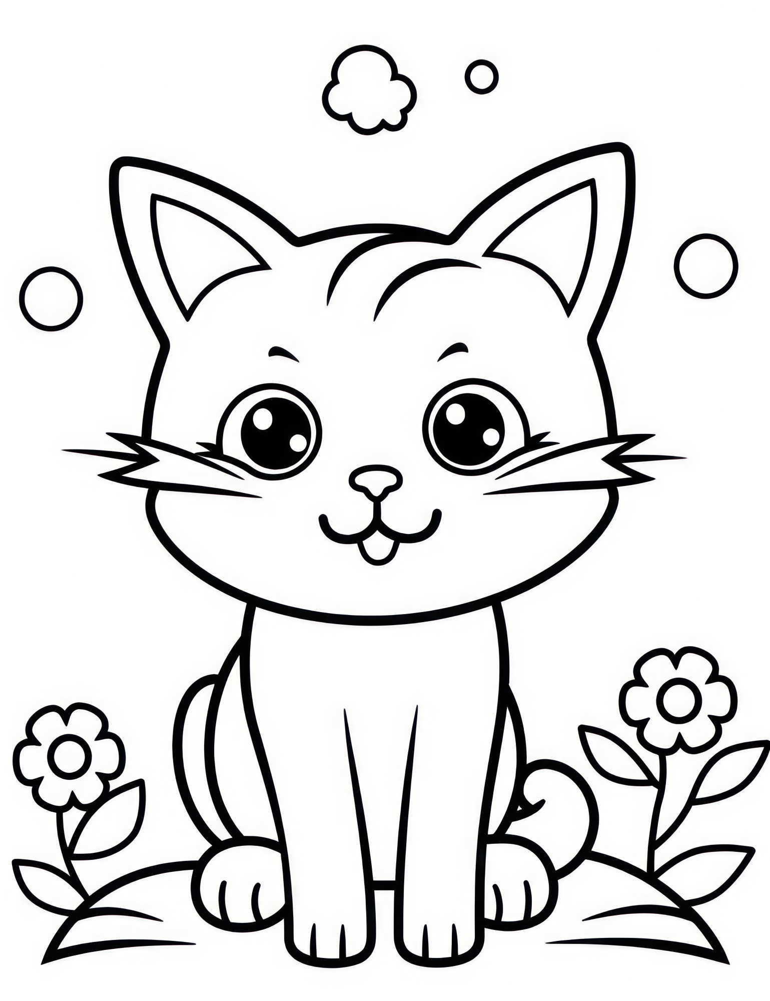 Раскраска для детей: котенок на поляне на фоне цветов